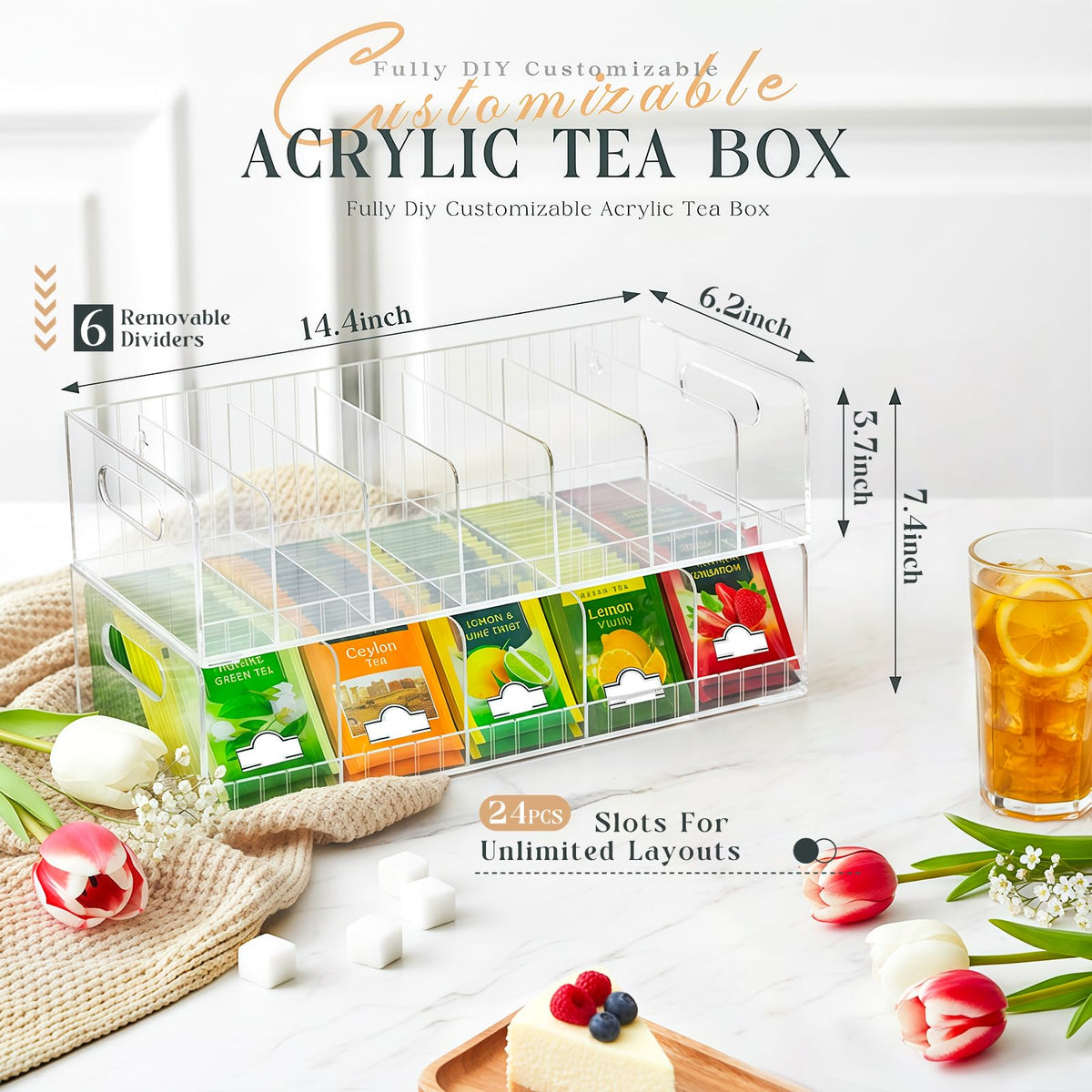2 Tier Acrylic Tea Bag Organizer with Adjustable Dividers (2 Count)