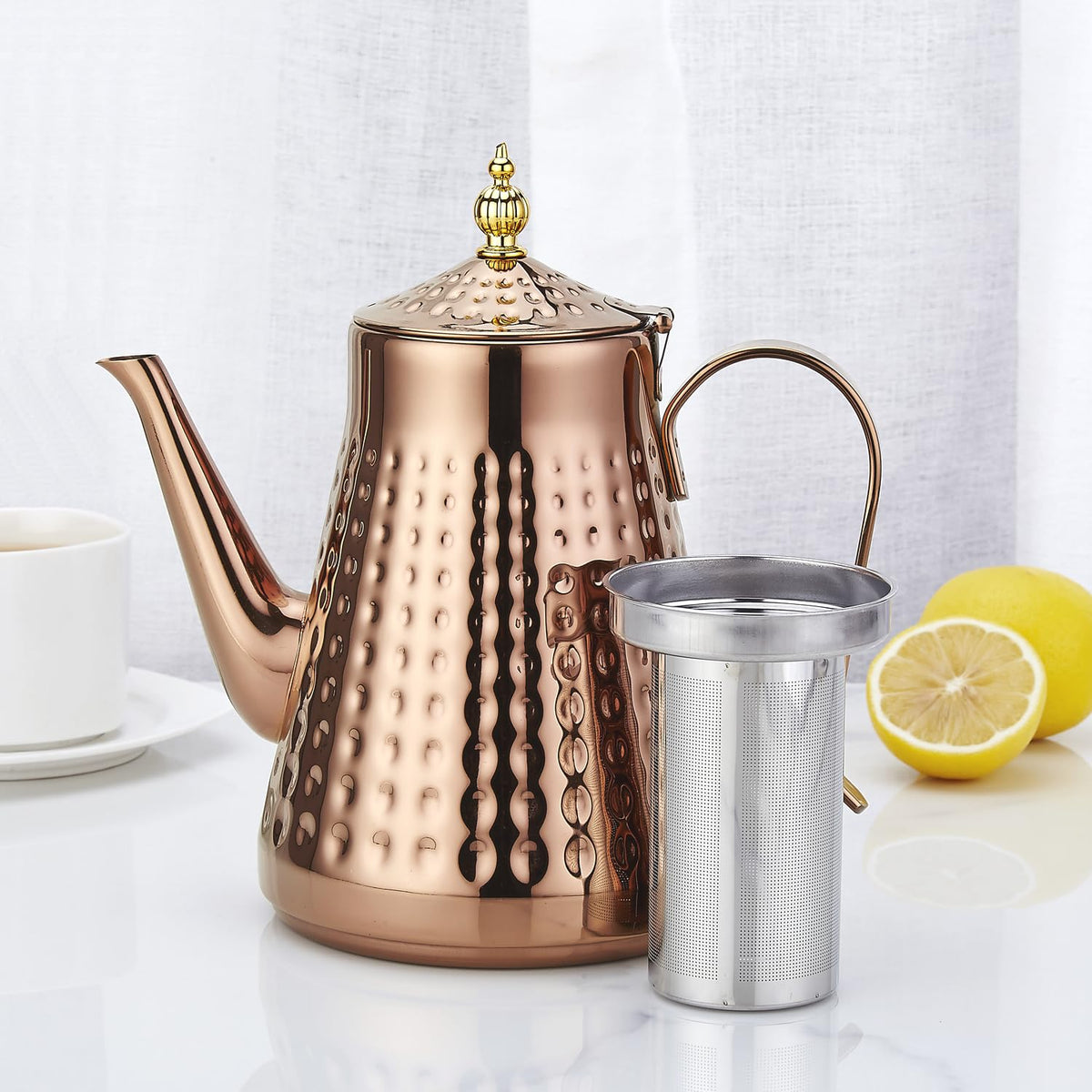 1.8L(60oz) Stainless Steel Hammer Patterned Teapot With Removeable Infuser,Loose leaf cover,Copper