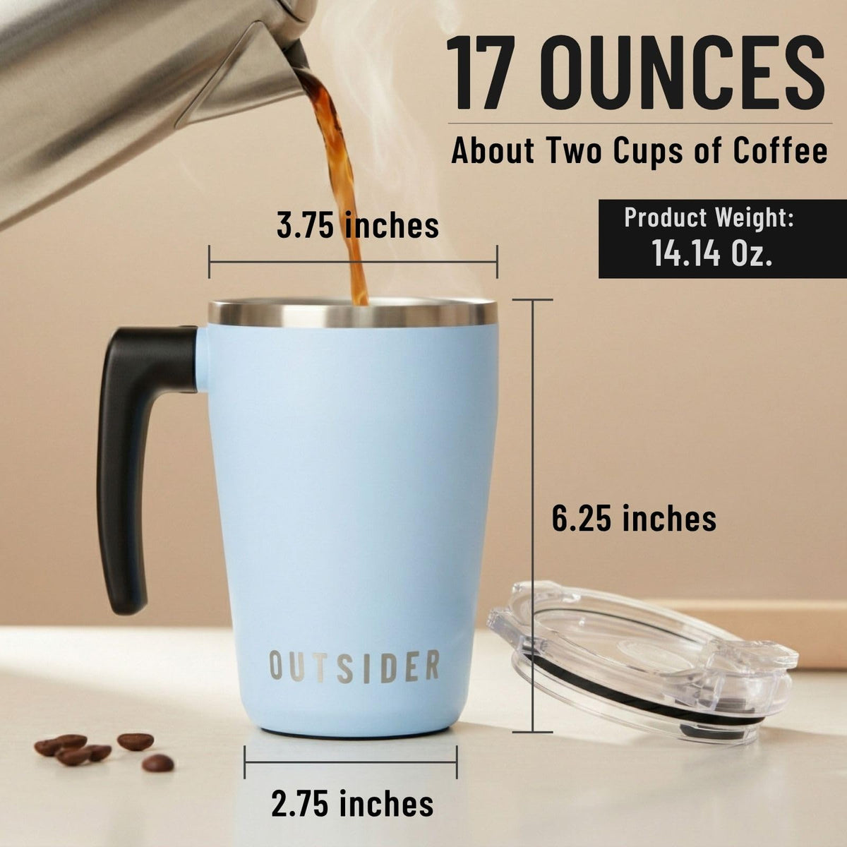 The AM 17 oz Stainless Steel Vacuum Insulated Coffee Mug with 180° Rotating Swivel Handle and Lockable Spill Proof Lid