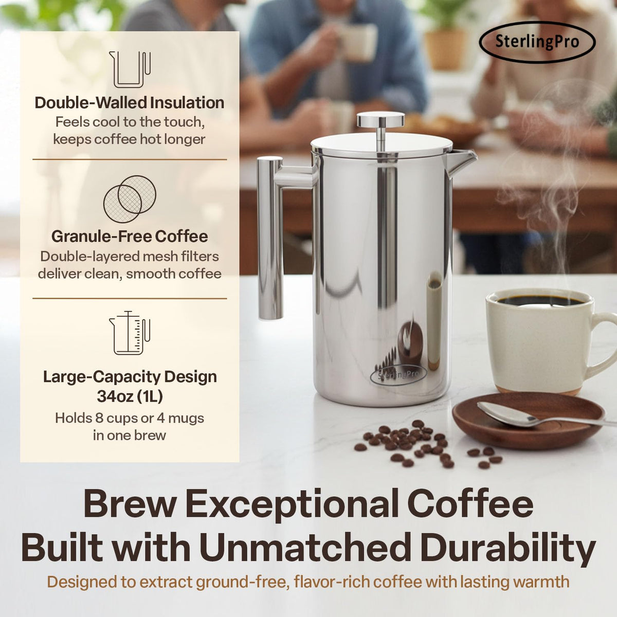 Non Toxic Insulated Stainless Steel French Press Coffee Maker 34oz
