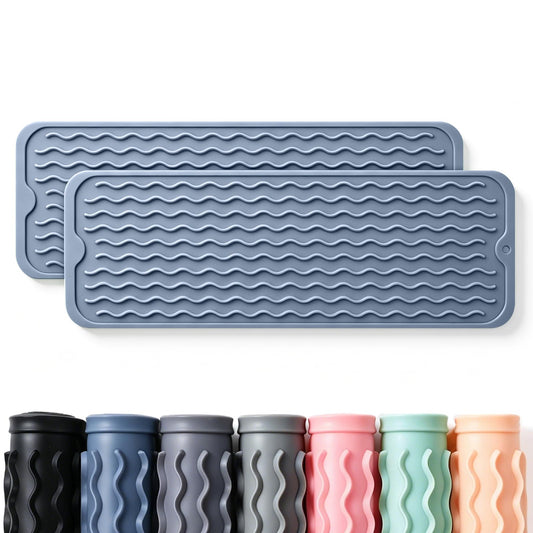 2 Pack Caketime Silicone Dish Drying Mat for Kitchen Counter Heat Resistant Multiple Usage Bathroom Countertop Uner Sink Area Faucet Drainer Organizer Must Haves 2026 Necessities 17inchx6inch Blue