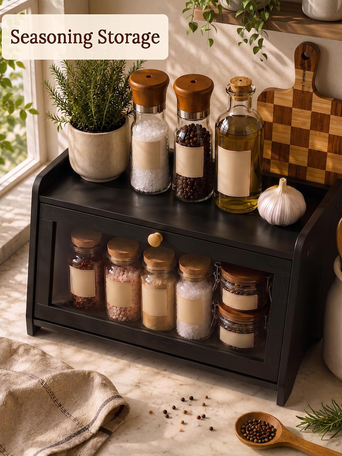 Black Bread Box for Kitchen Countertop