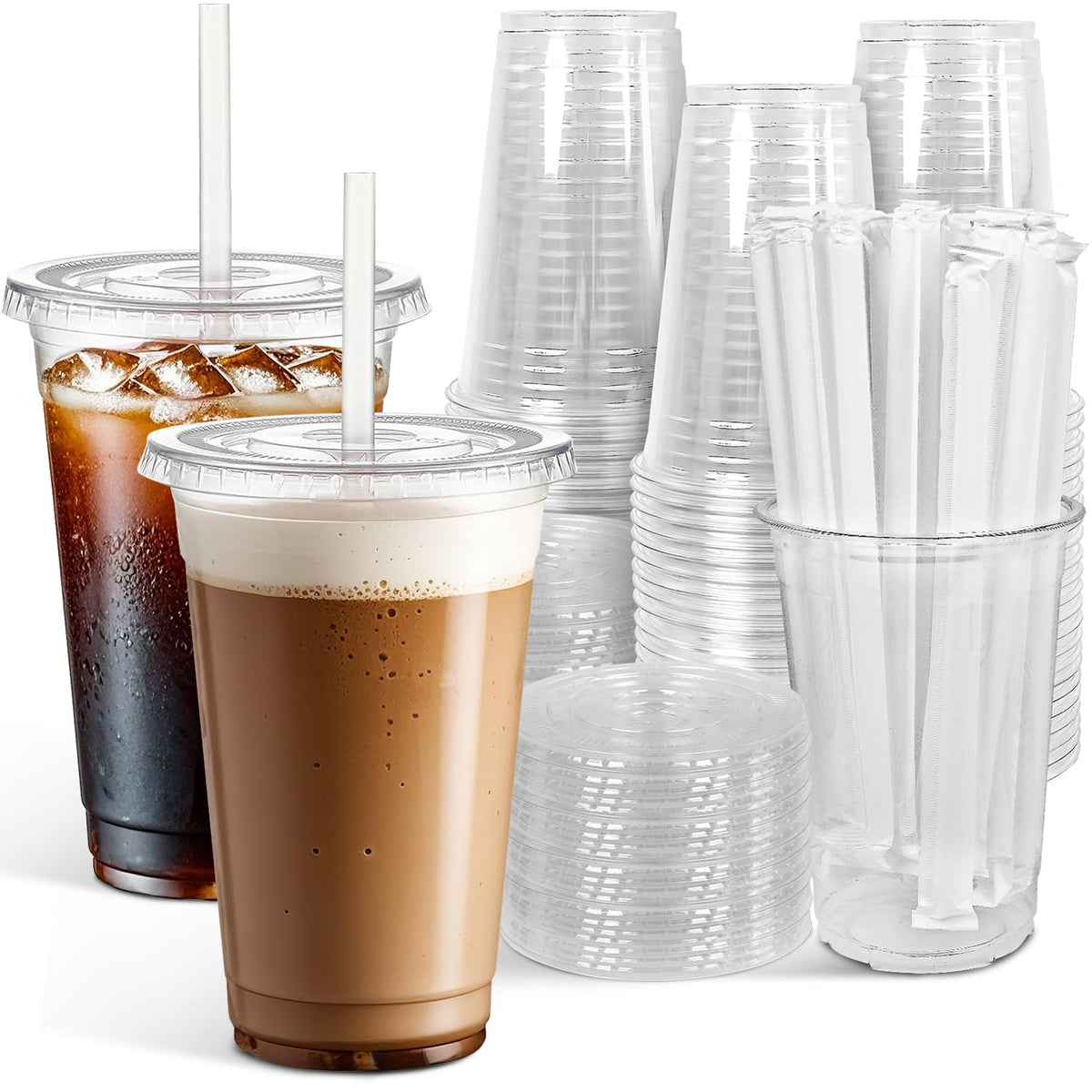 100 Pack 16 oz Clear Plastic Cups with Lids and Straws (100 Count)