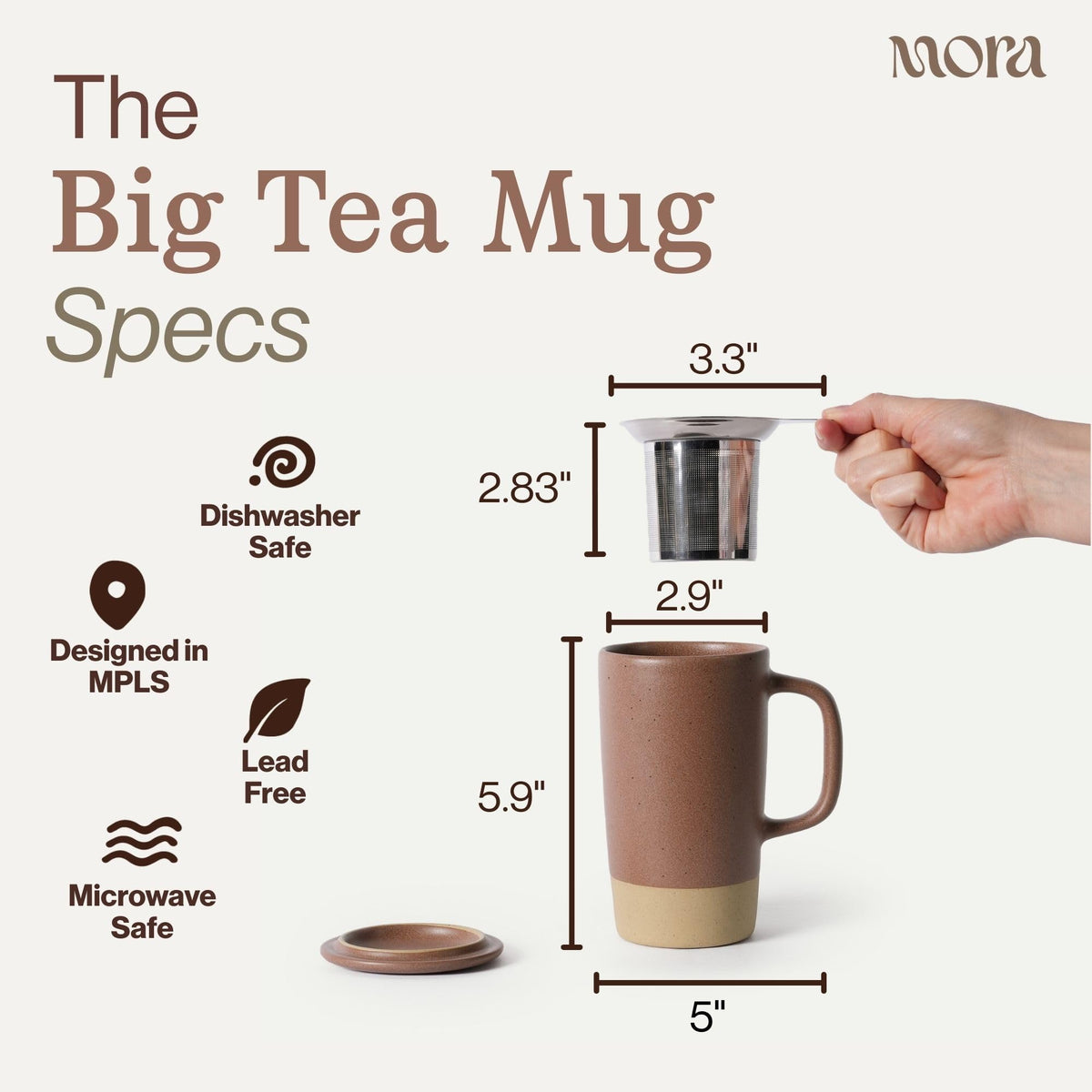 Mora Ceramics Large Tea Mug with Loose Leaf Infuser and Ceramic Lid