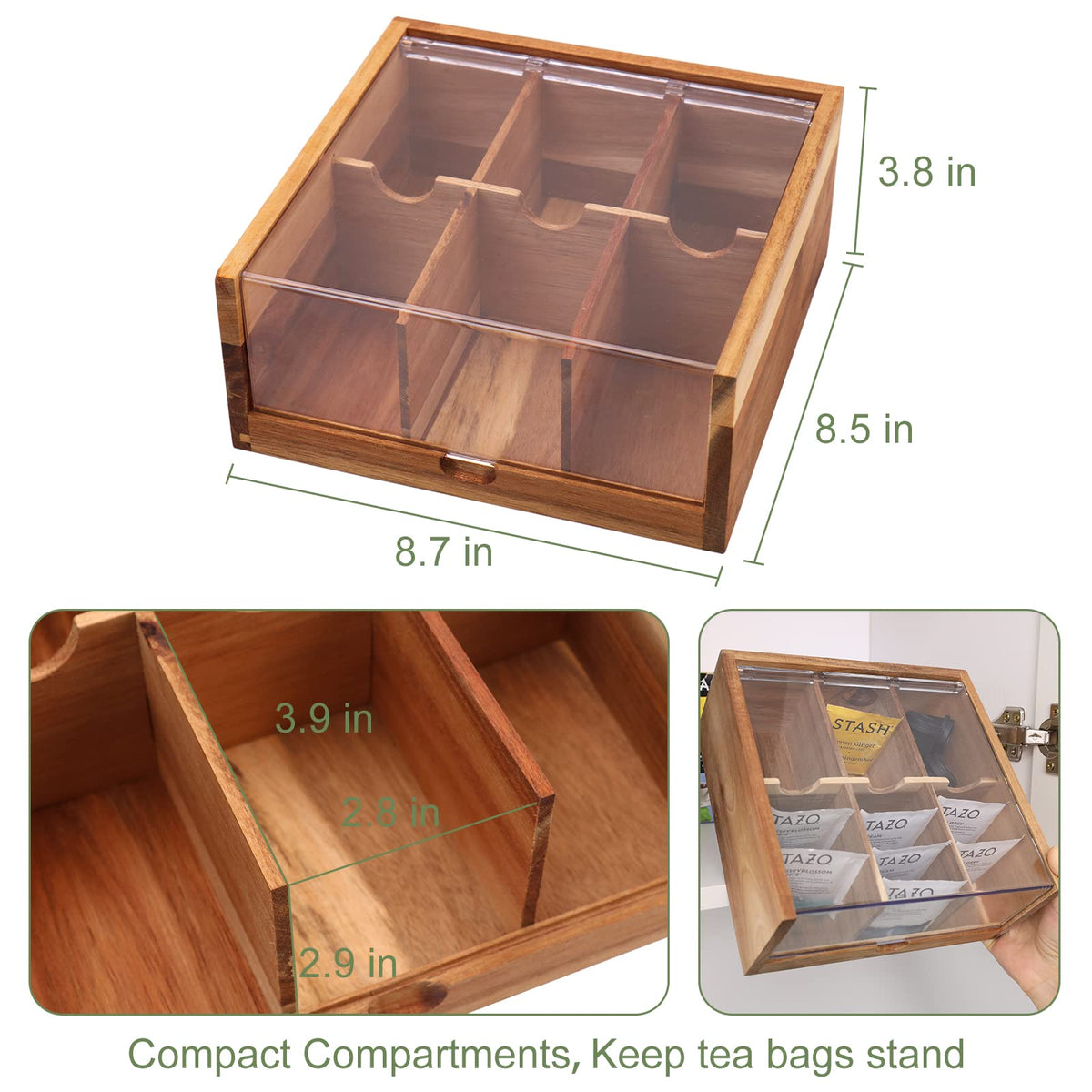 Acacia Wood Tea Bag Organizer Storage Box with 6 Compartments