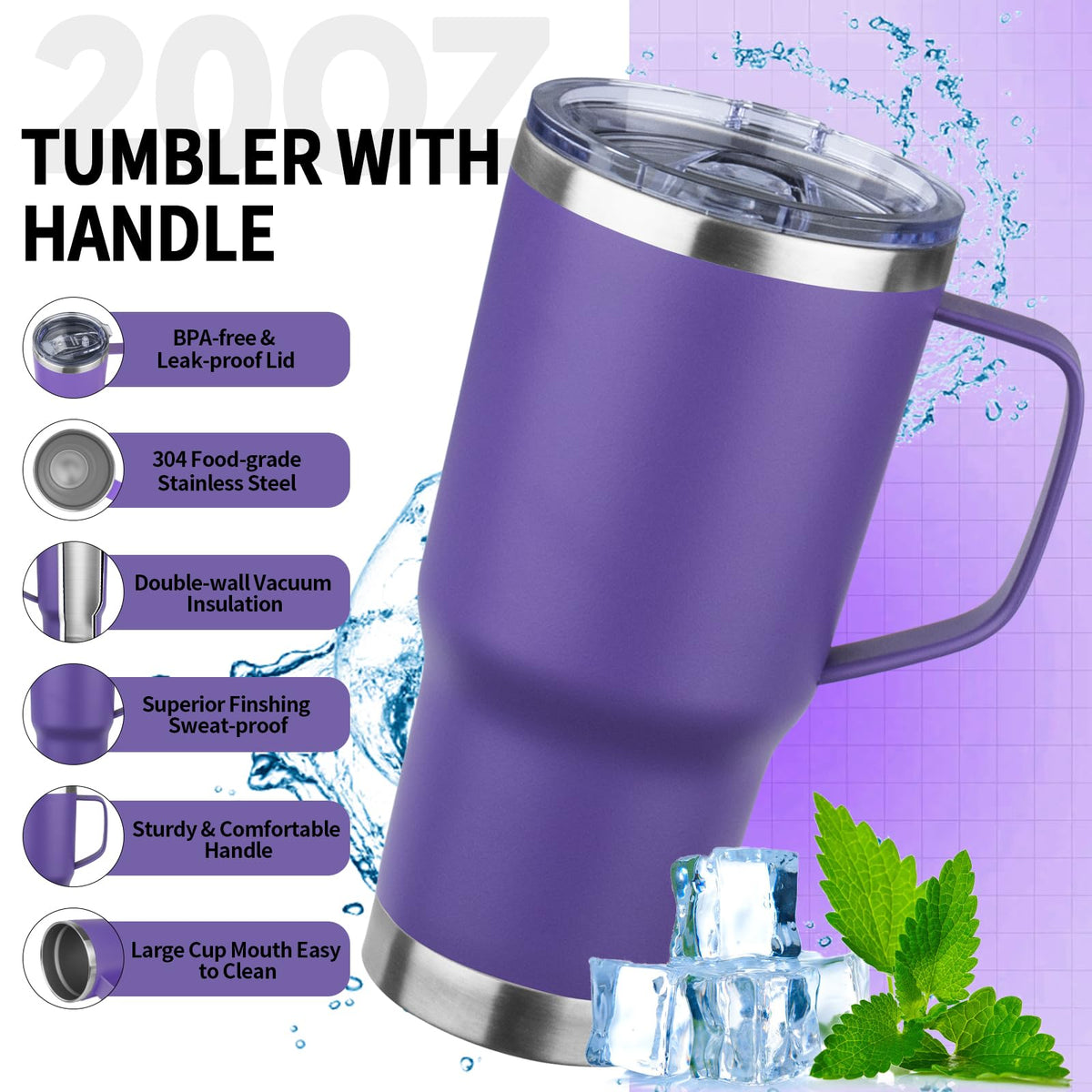 20oz Insulated Tumbler with Handle Stainless Steel Travel Coffee Mug with Lid and Straw Double Wall Vacuum Leak