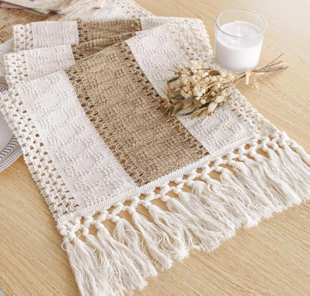Boho Table Runner for Fall Home Decor 12x90 Rustic with Tassels (90 Foot)