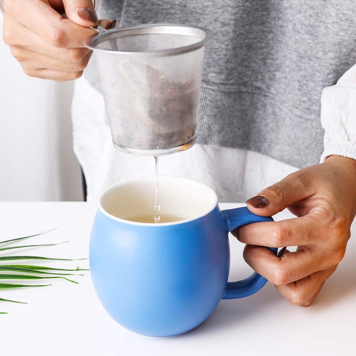 12 OZ Matte Blue Ceramics Teacup with Infuser and Lid