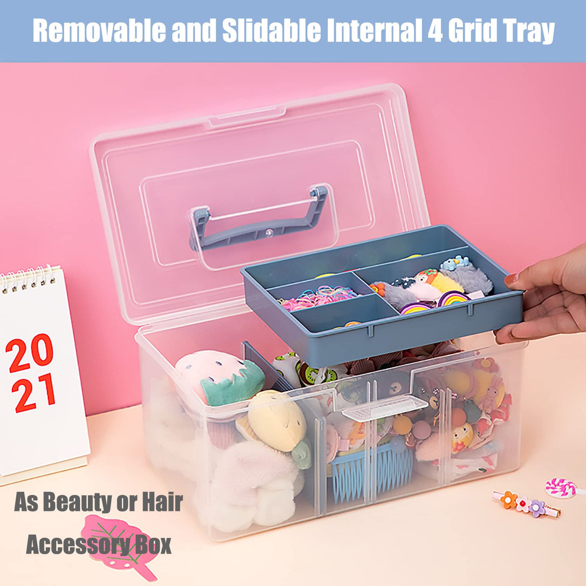 Clear Plastic Arts & Craft Supplies Organizer Box Large with a Removable Tray & A Partition & Handle