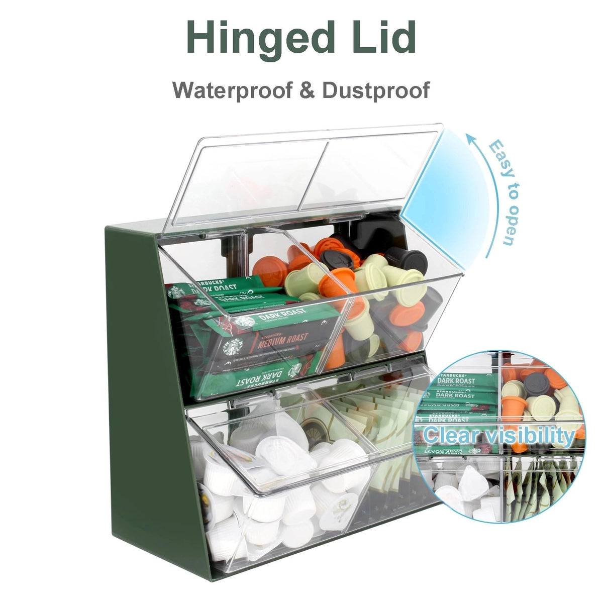 K Cup Holder Plastic Organizer for coffee pod with Lid Large Capacity Countertop Versatile Desk Storage Station for Capsule Creamer Suger Tea Bag Face Mask Green