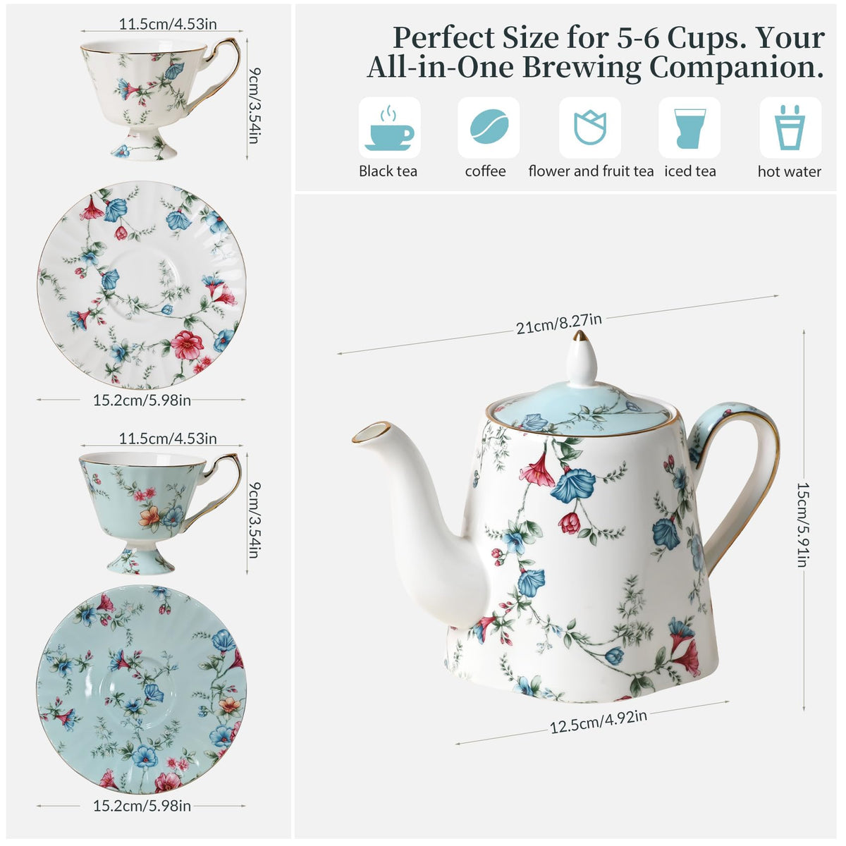 Teapot Set Vintage Floral Bone China Teapot with 24K Gold