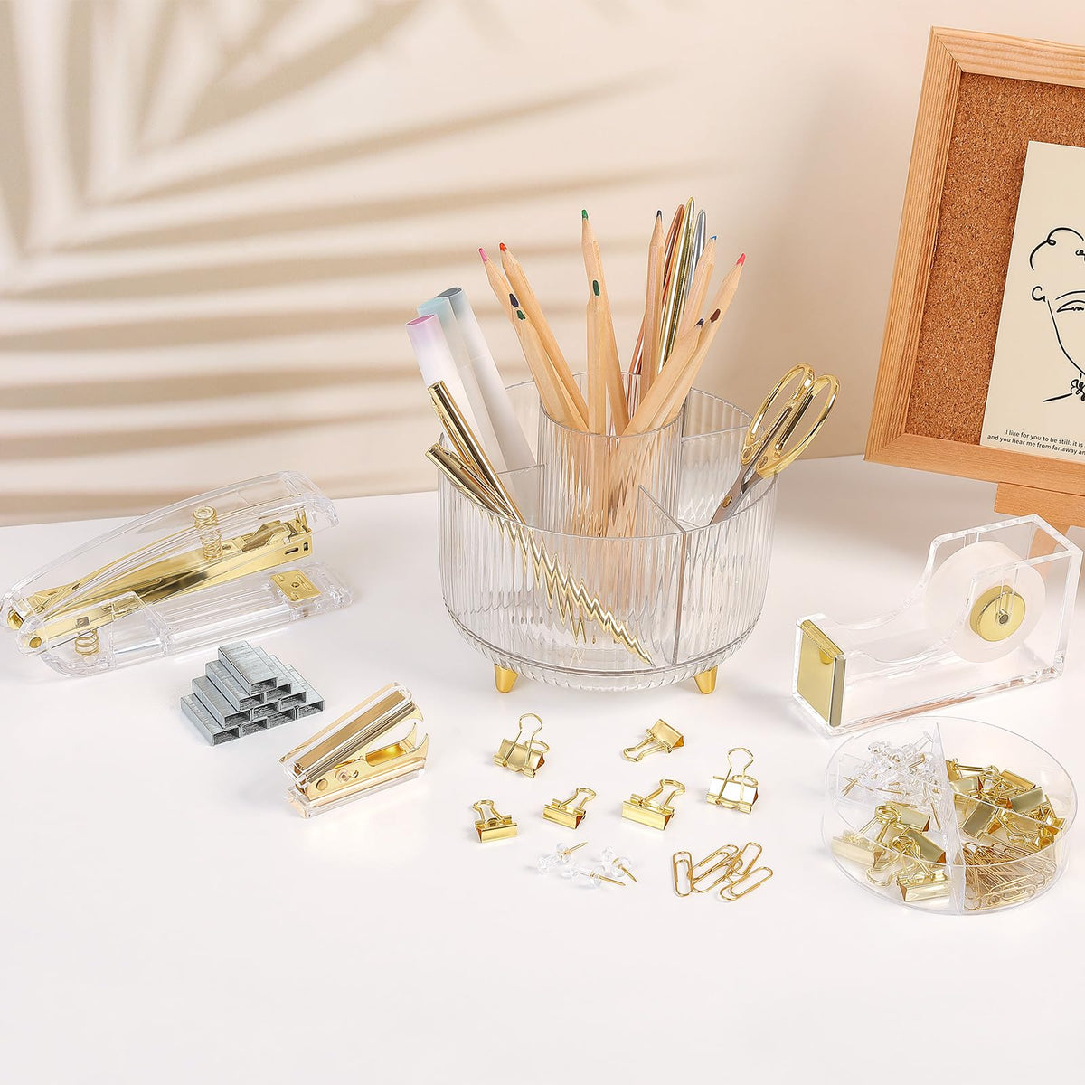Gold Office Supplies Set with Pencil Holder for Desk