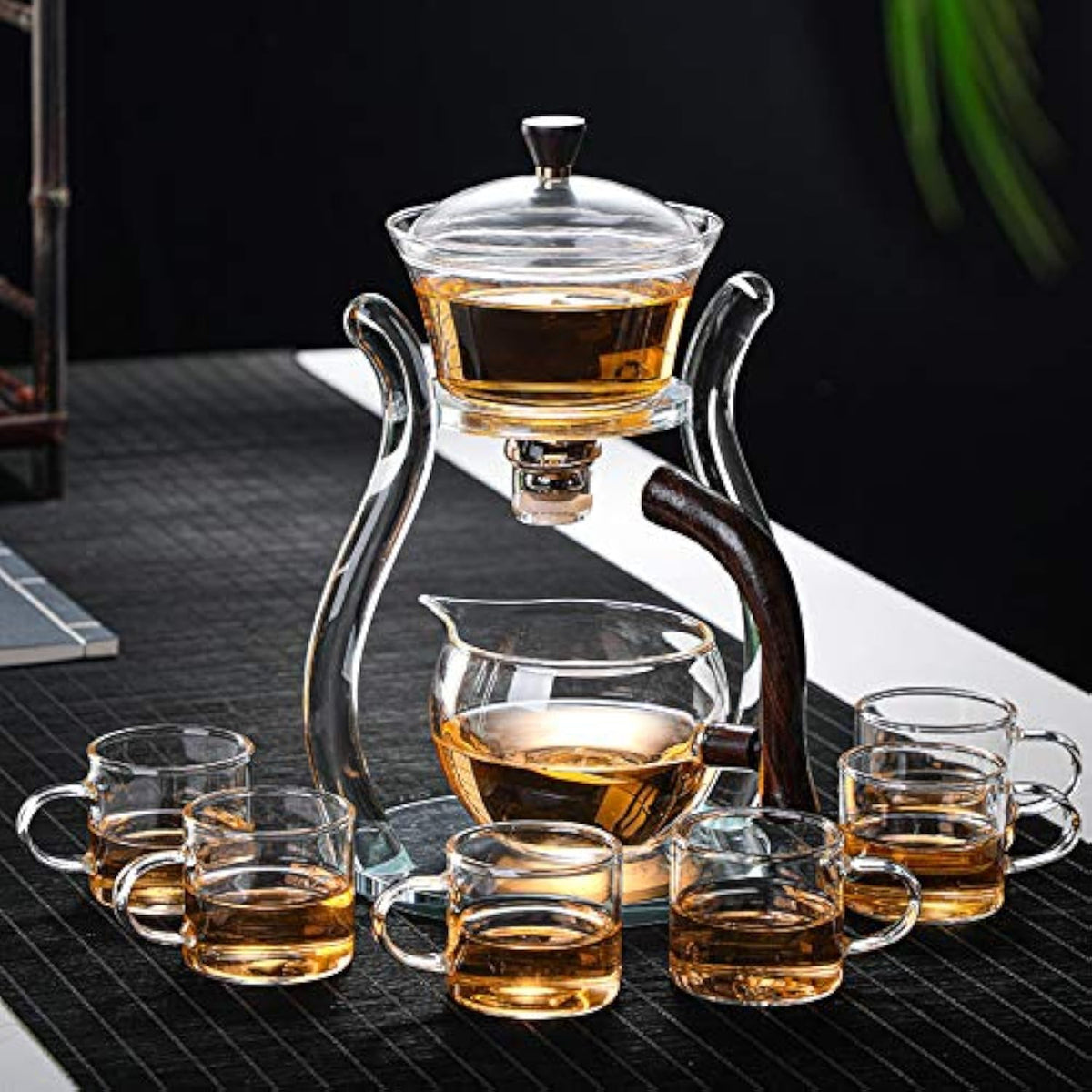 Lazy Kungfu Glass Tea Set Semi Automatic Drip Rotating with Infuser Glass Teapot Set
