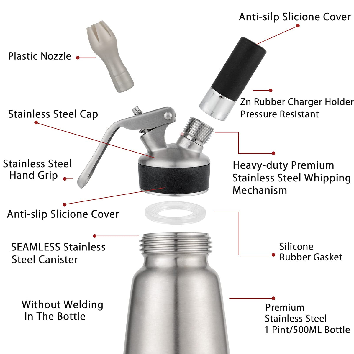 Professional Whipped Cream Dispenser Stainless Steel 304