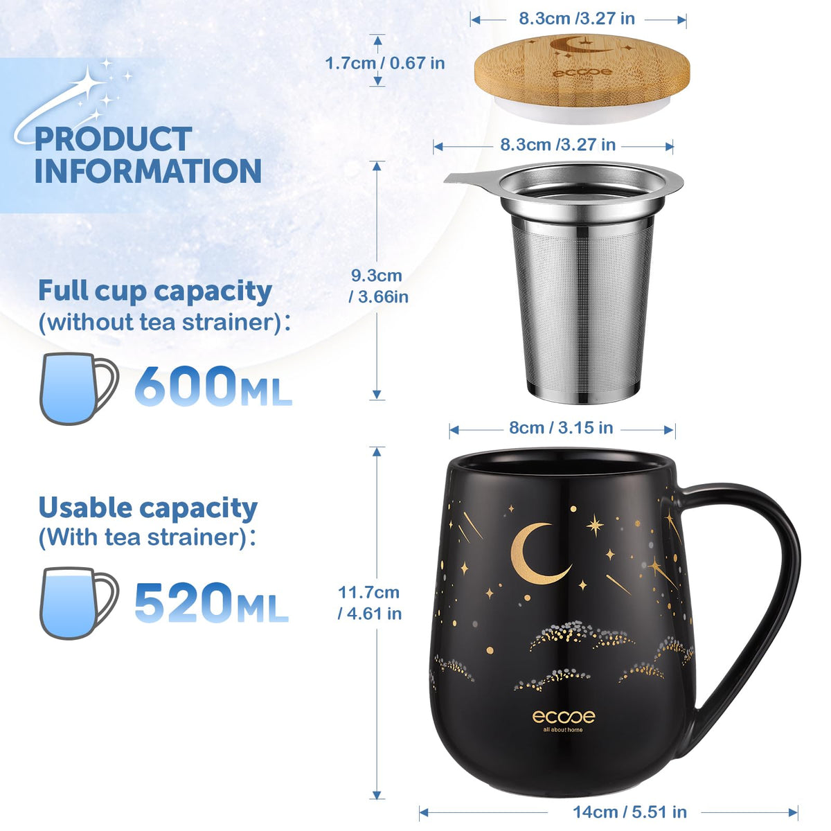 Tea Infuser Mug 20.3oz Ceramic Tea Cup with Removable Stainless Steel Infuser and Lid