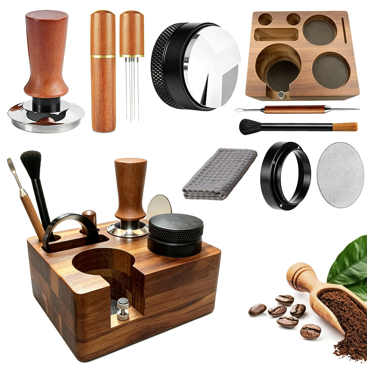 9PCS 54mm Espresso Accessories Kit with Wood Tamping Station