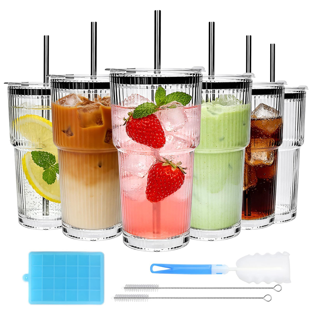 18oz Ribbed Glass Tumbler with Straw and Lid (6 Count)