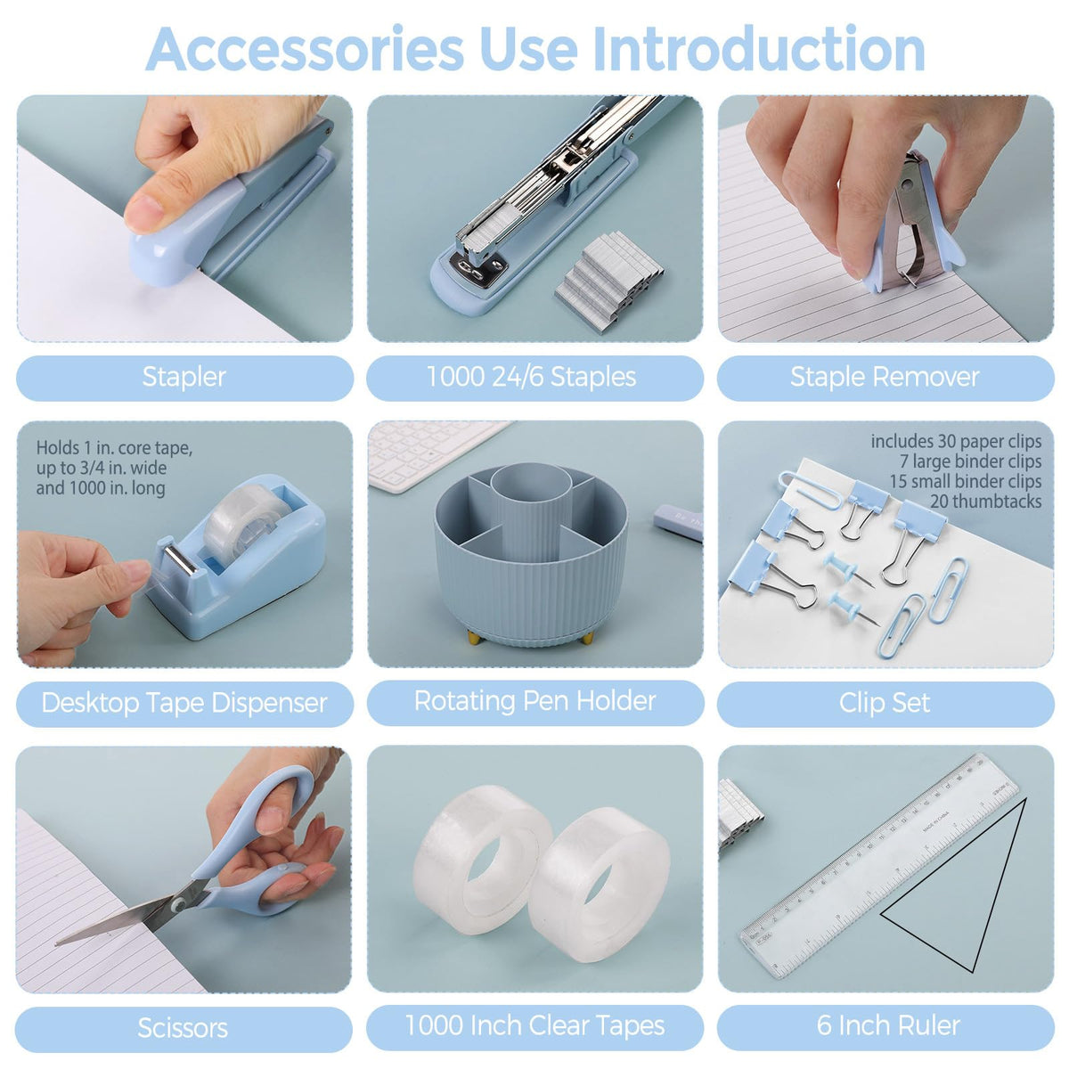 Blue Desk Accessories 11Pcs with Rotating Pen Holder for Desk