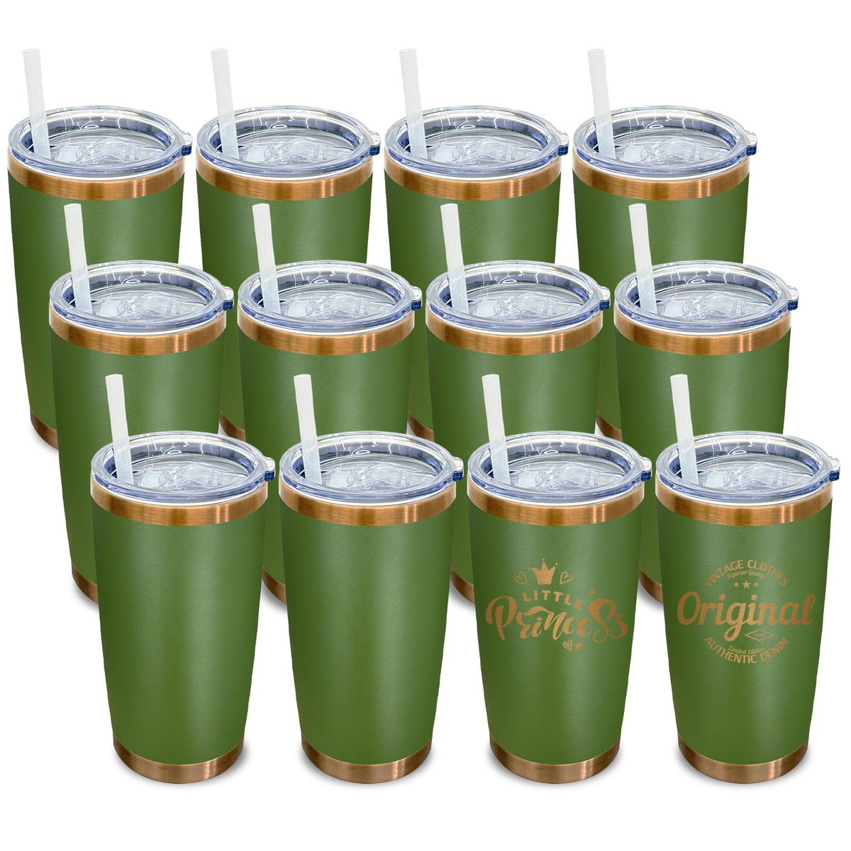 20 oz Tumbler Bulk Stainless Steel Tumblers with Lids and Straws Army Green (12 Count)
