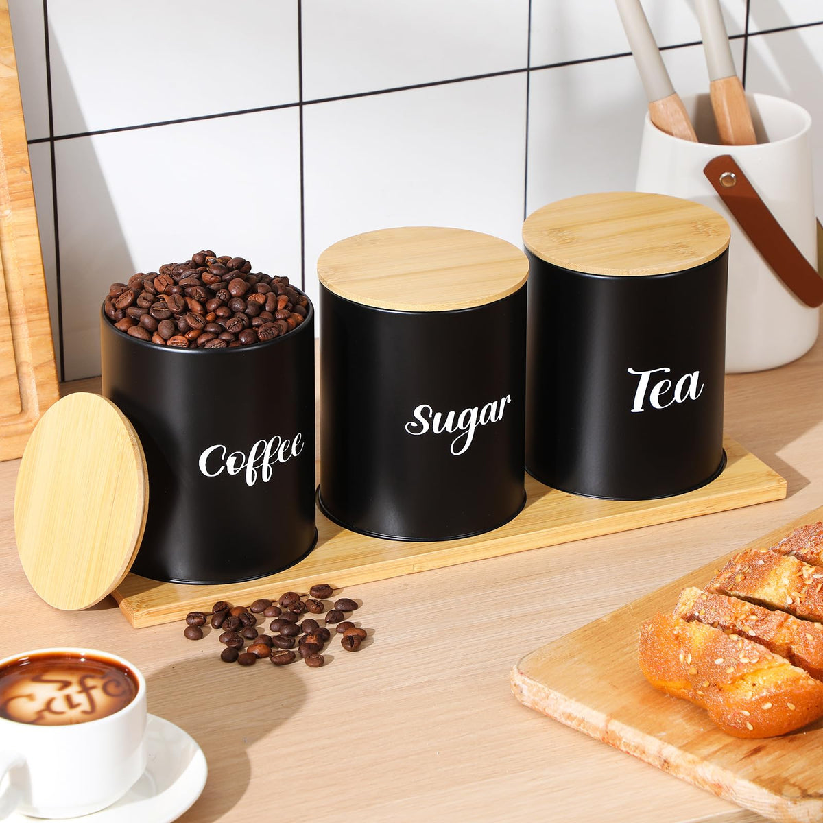 Coffee Tea Sugar Container Set with Tray