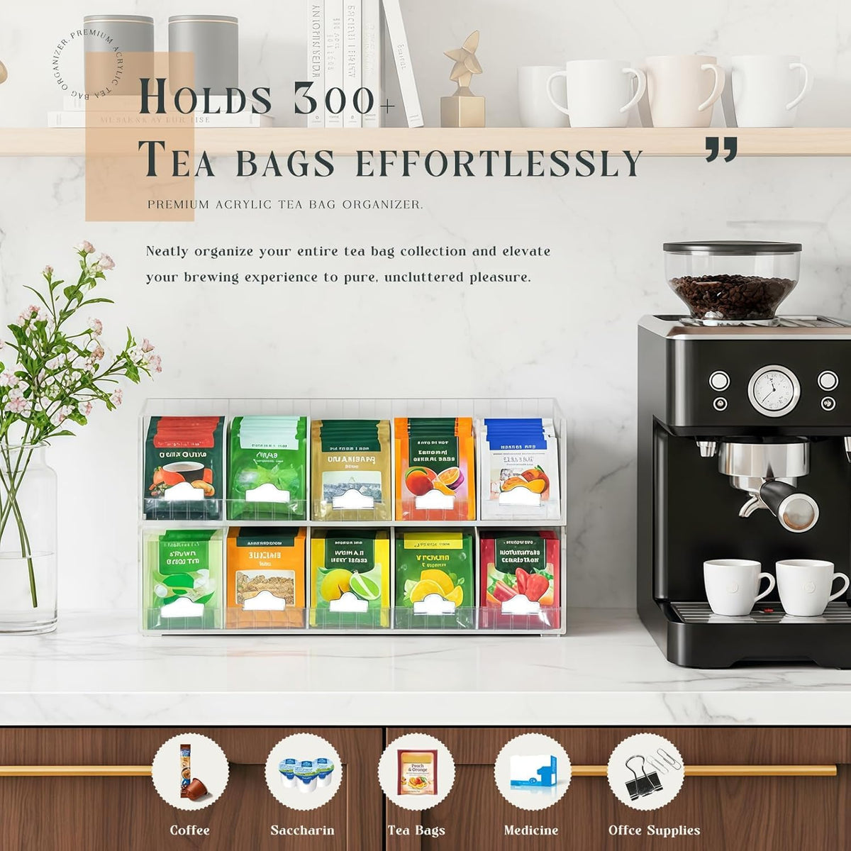2 Tier Acrylic Tea Bag Organizer with Adjustable Dividers (2 Count)