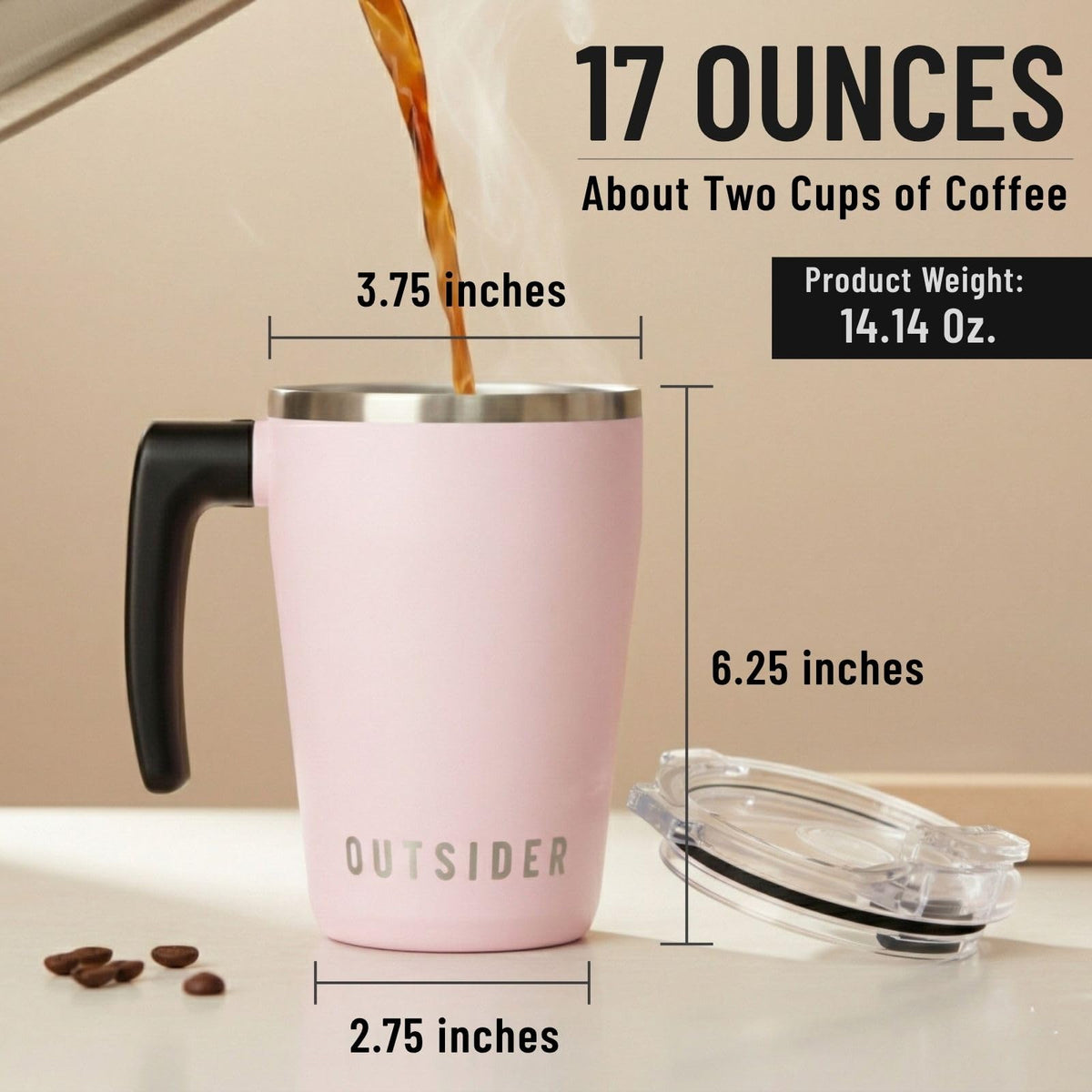 The AM 17 oz Stainless Steel Vacuum Insulated Coffee Mug with 180° Rotating Swivel Handle and Lockable Spill Proof Lid