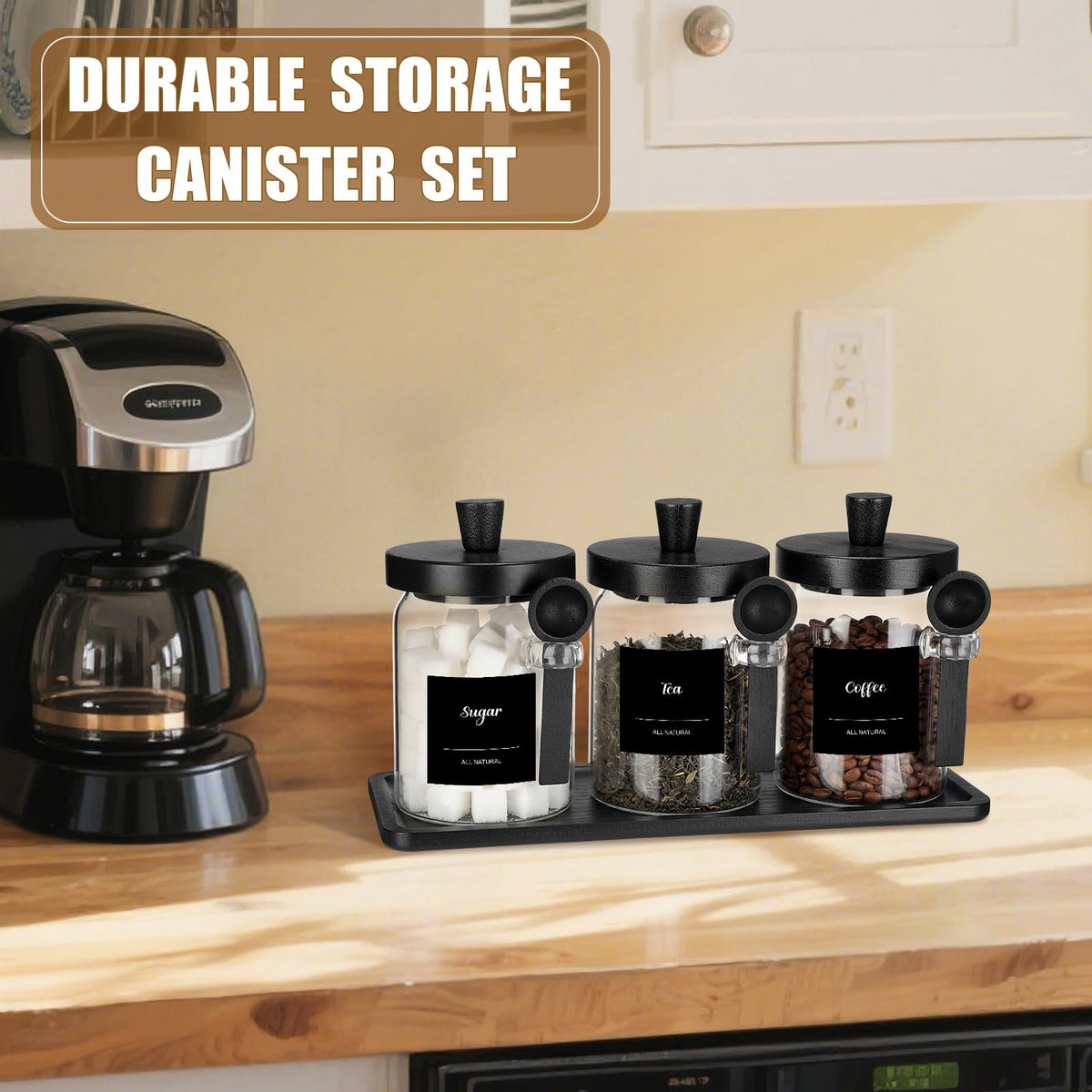 3 Pcs Glass Coffee Container with Wooden Lid Spoon Shelf Labels Clear Airtight Jar Food Storage Canister Set for Sugar Spice Coffee Bean Holder Housewarming Gift (3 Count)