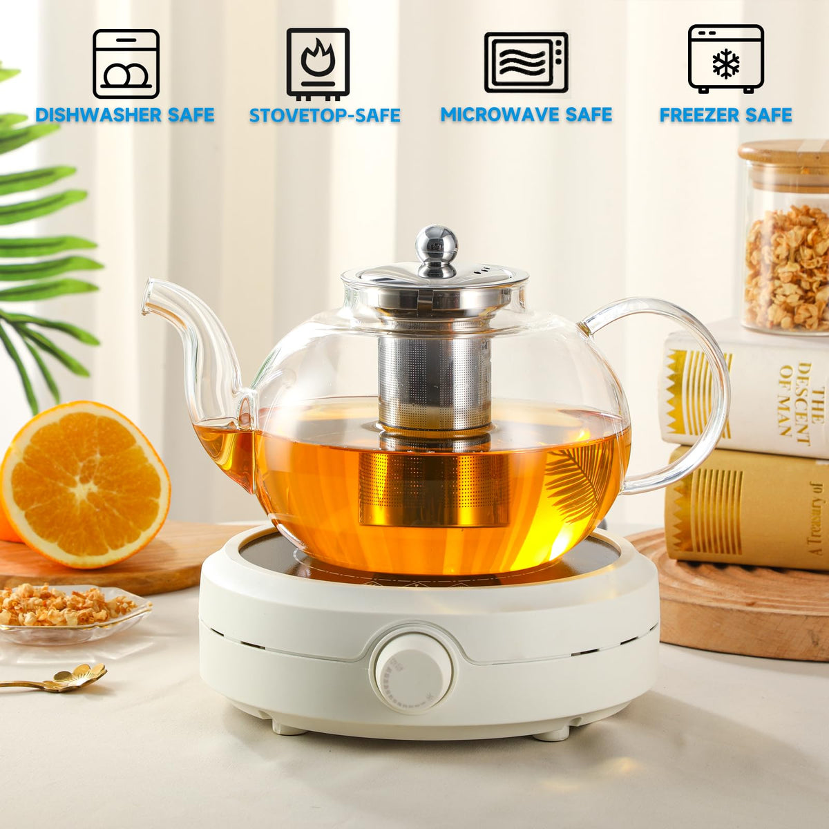 50OZ 1500ML Glass Teapot with Stainless Steel Removable Infuser & Lid