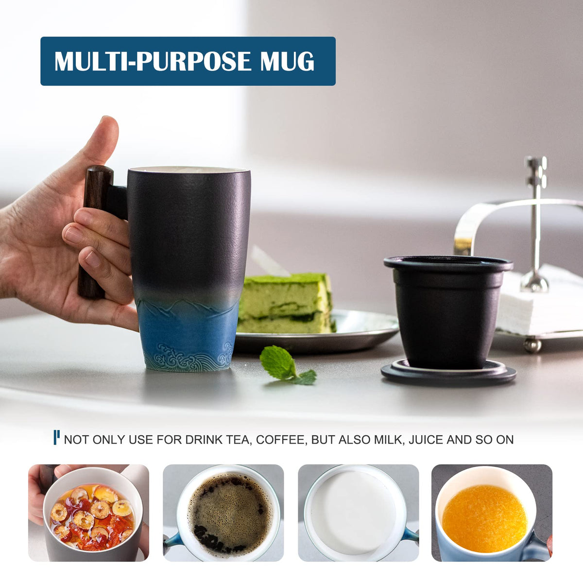 Tomotime Ceramic Tea Cup with Infuser and Lid Tea Mugs Wooden Handle 400ml