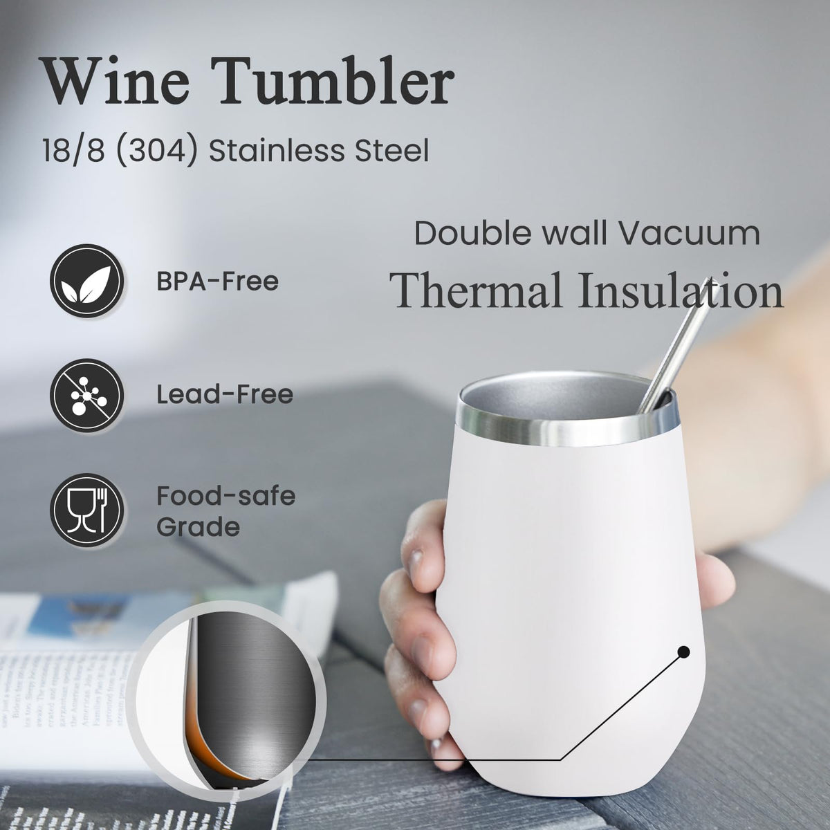 Stemless 12oz Insulated Wine Tumbler with Lid and Straw