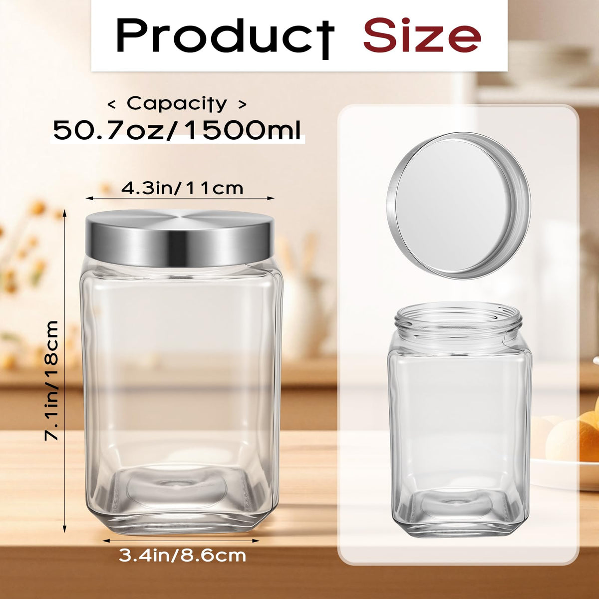 6 Pack 51 oz Square Glass Jars with Lids Wide Mouth Kitchen (6 Count)
