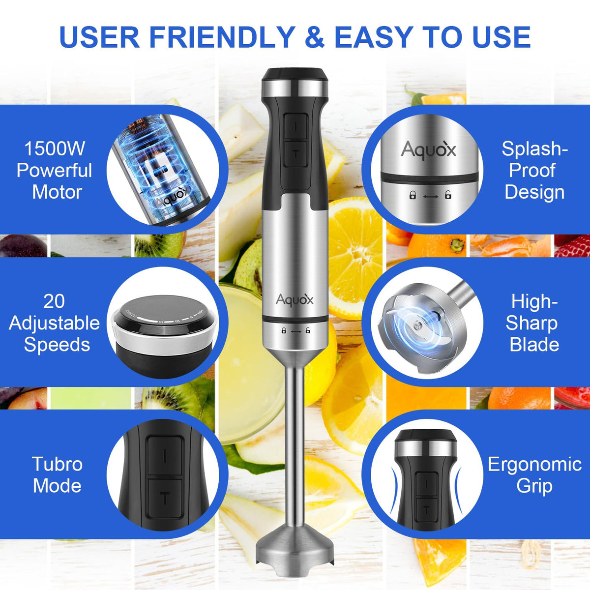 Immersion Blender Handheld 5 in 1 Corded Hand Blender 1500W