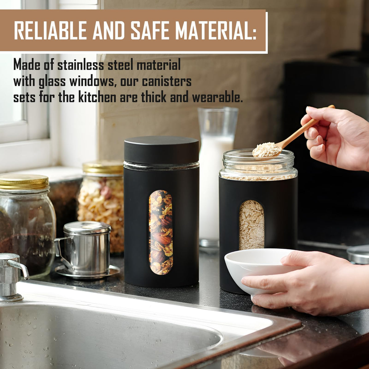6 Pack Kitchen Canisters Set Airtight Stainless Steel Canister Food Storage Container with Window Glass (6 Count)