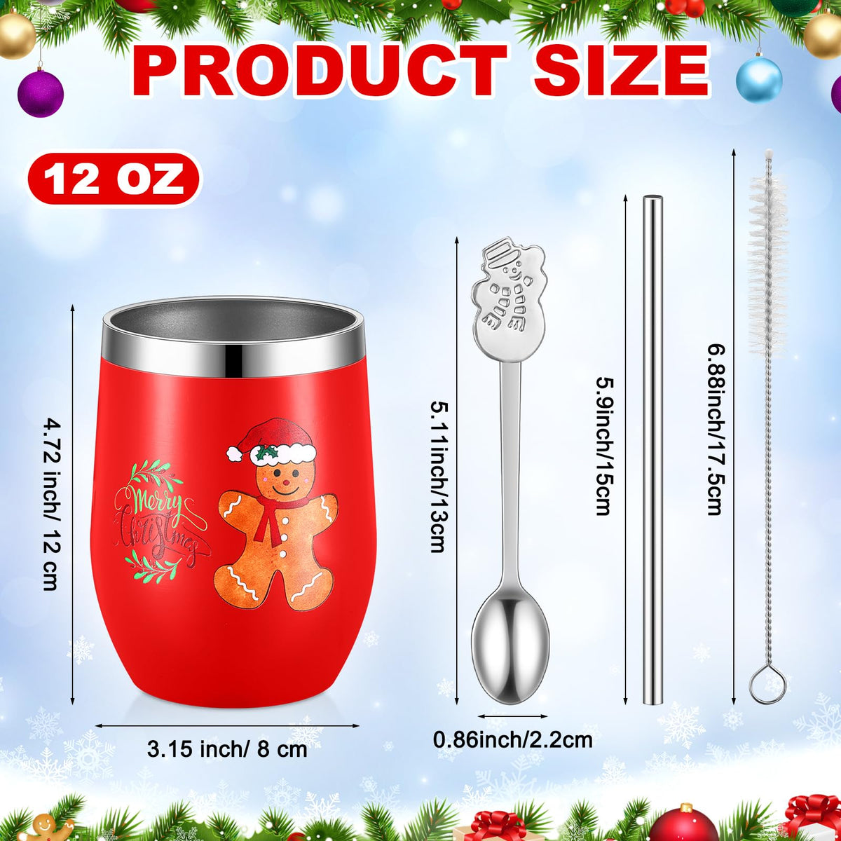 16 Pcs Christmas Funny Wine Tumbler Spoon Set 12 Oz Stainless Steel Tumbler with Straw Brush Double Wall Insulated Travel Coffee Mug for Christmas Xmas Party Decorations Holiday Gift (16 Count)