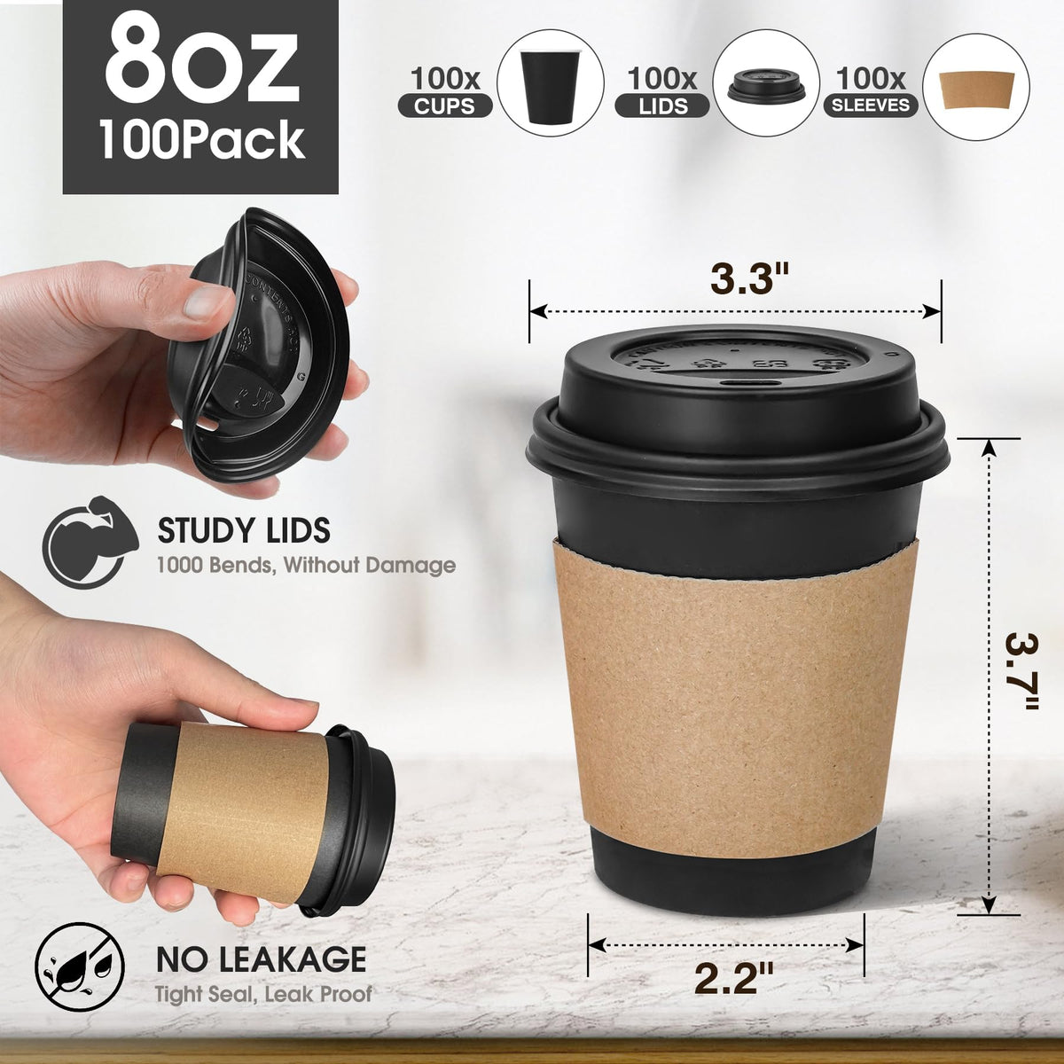 100 Pack 8 oz Disposable Coffee Cups with Lids and Sleeves (100 Count)