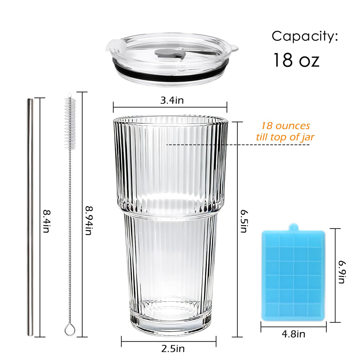 18oz Ribbed Glass Tumbler with Straw and Lid (6 Count)