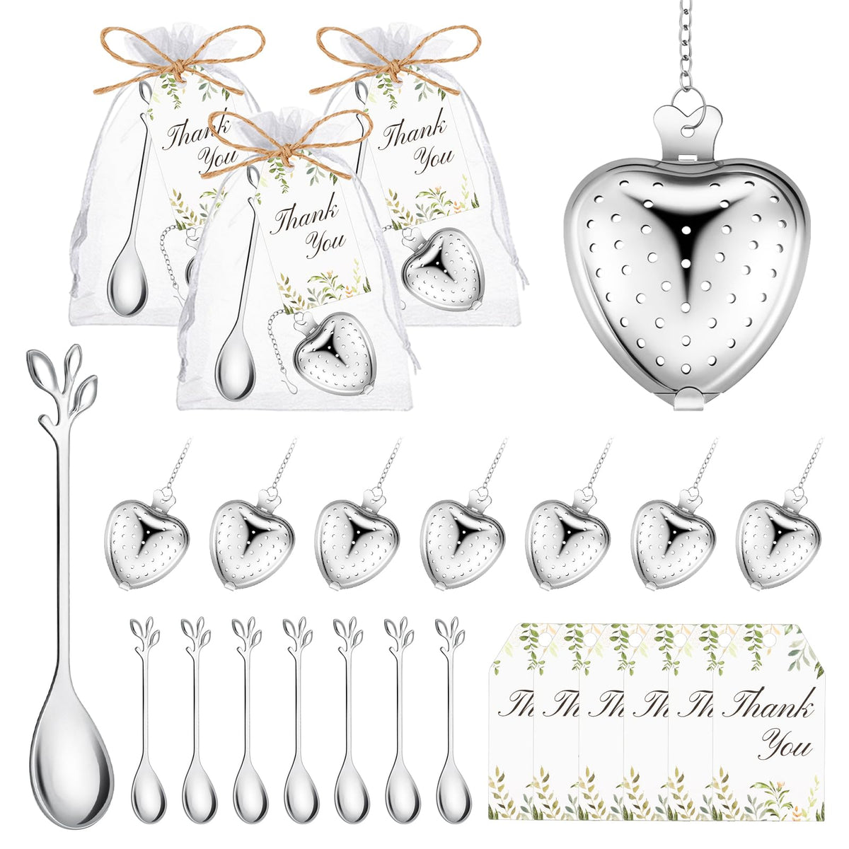 30 Sets Bridal Shower Tea Party Favor for Guests Leaf Tea Spoon Heart Tea Infuser for Loose Leaf Tea Steeper with Thank You Card Organza Bags for Wedding Gift Souvenirs Decoration