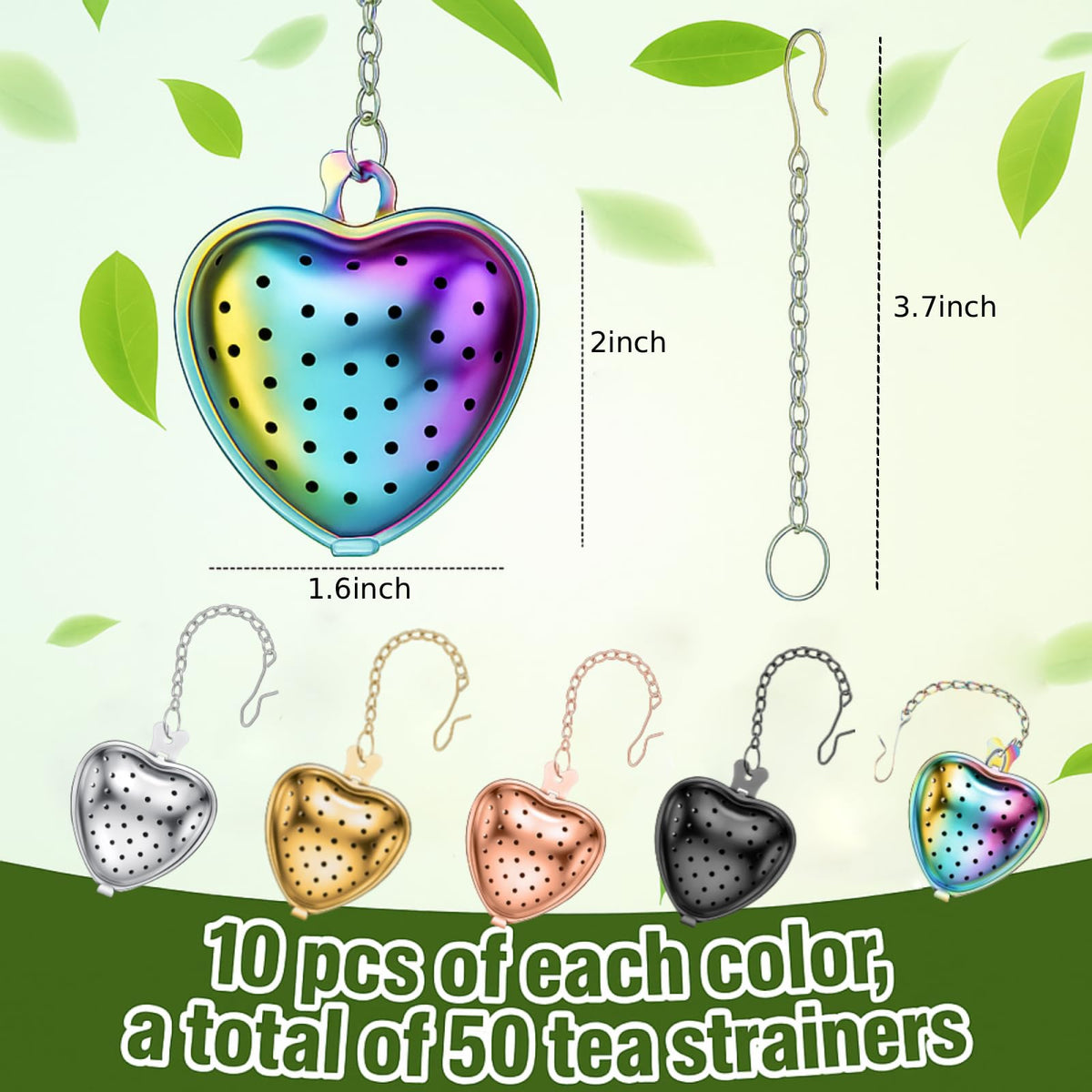 50 Pcs Stainless Steel Tea Strainer Ball Infuser Loose Leaf Steeper Interval Diffuser Heart Shape Mesh Filters with Extended Chain Hook for tea party Seasonings Cup Bottle (50 Count)