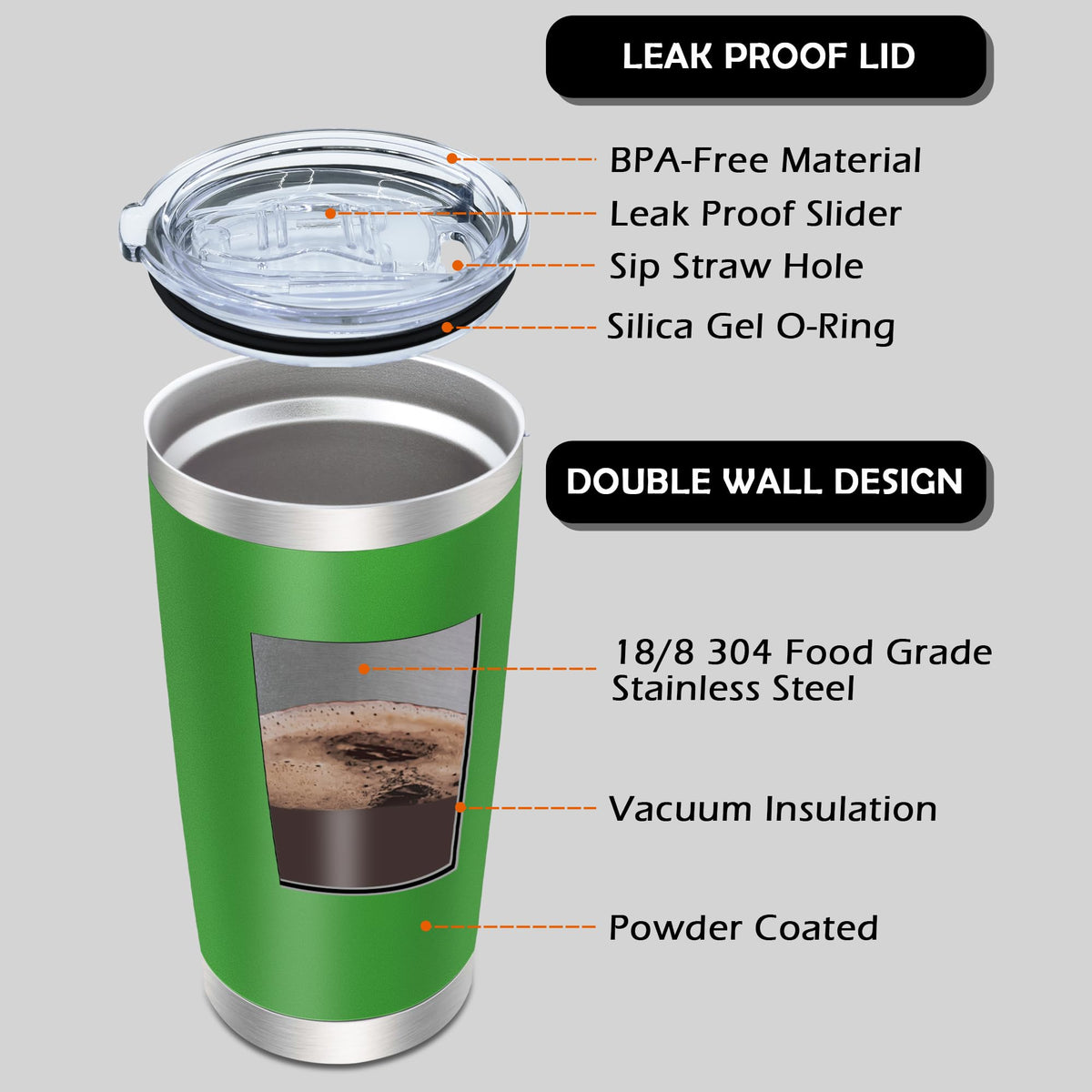 20oz Tumbler with Lid Stainless Steel Tumblers Insulated Mug Green 1P