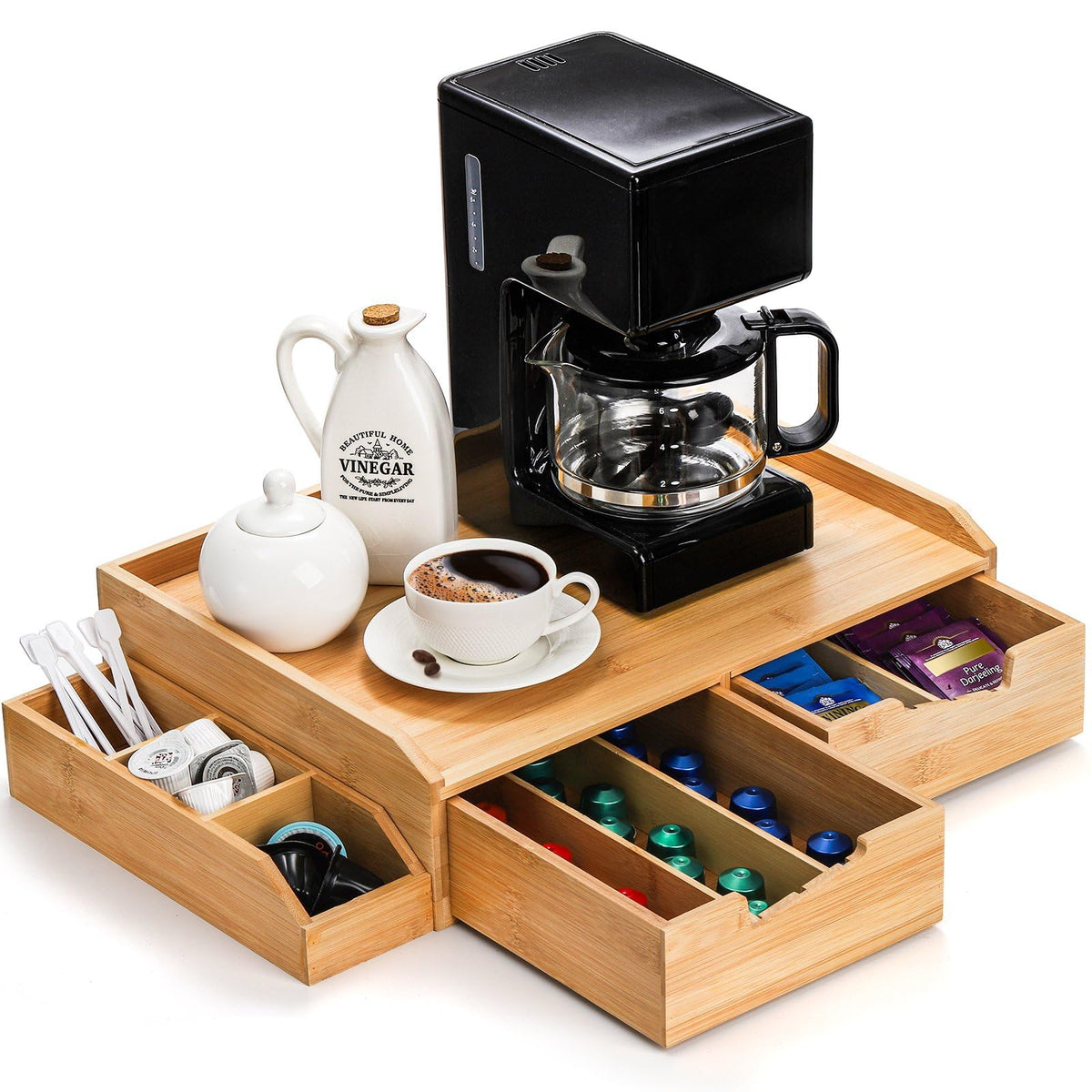 Bamboo 2 Drawer Coffee Pod Organizer with Side Box for K Cup Tea Bag
