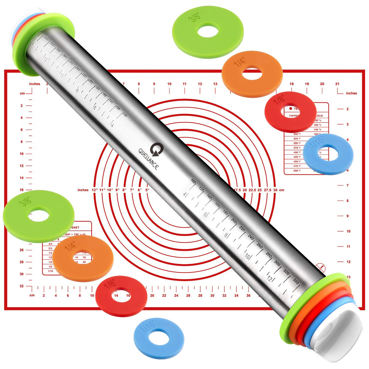 Stainless Steel Rolling Pin & Baking Mat Set with Adjustable Thickness Ring