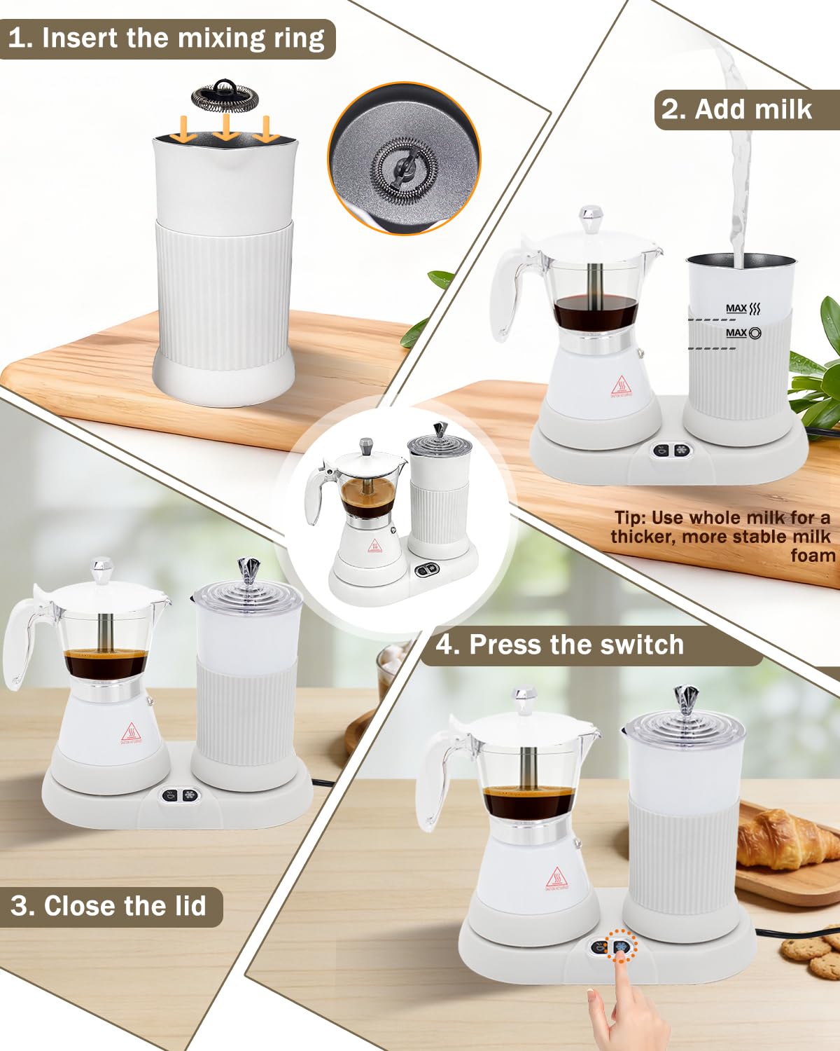 2-in-1 Milk Frother Electric Foam Maker and Moka Coffee Maker Espresso Maker 110V Electric Base Aluminum Frother Moka Pot 5oz 150ml Frothing Easy Brewing Latte Cappuccino Home Gift White