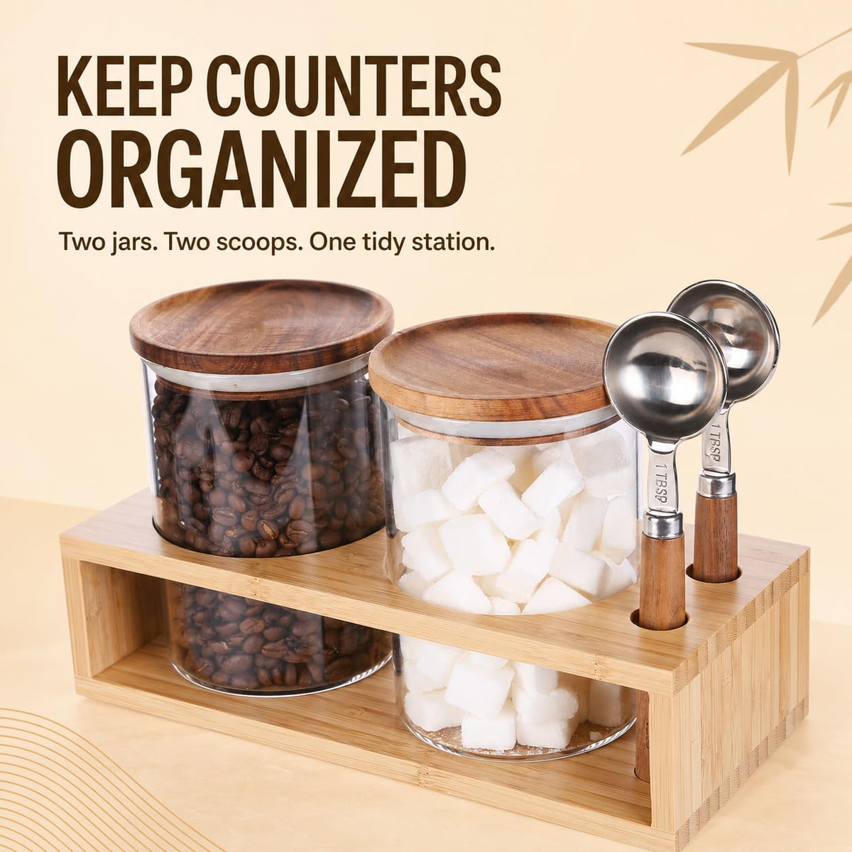 2 Glass Coffee Canister Set with Bamboo Rack & Scoops (5 Count)