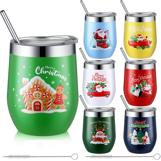 7 Set Christmas Wine Tumbler with Lid Straw Brush (7 Count)