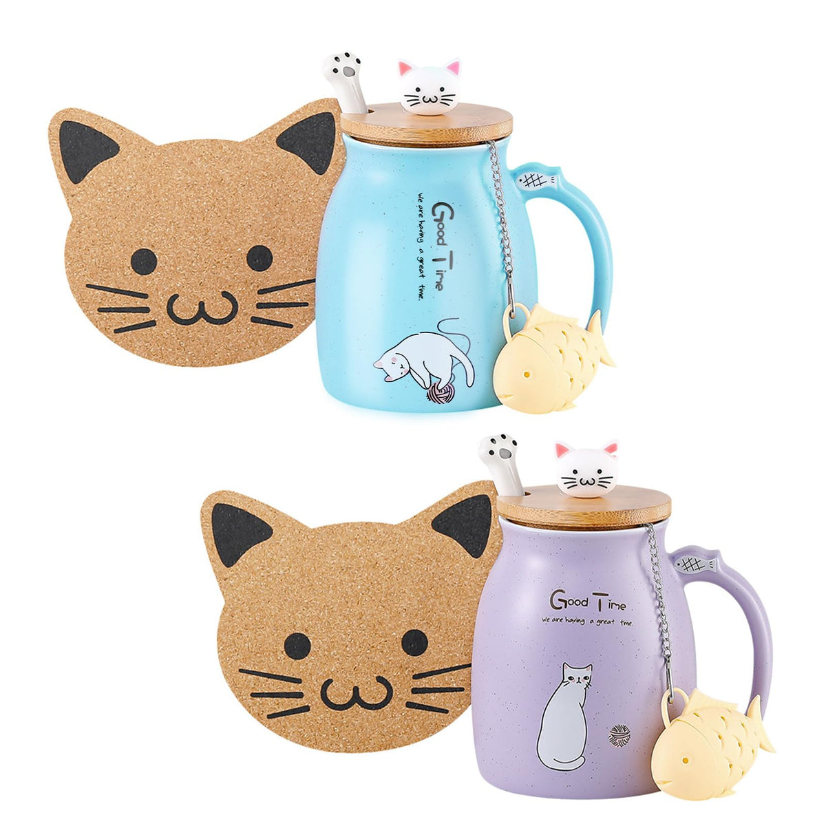 2Pcs Kawaii Tea Cup with Infuser Ceramic Cat Mug Cute Mugs Coffee Mugs Gifts for Cat Lovers Cute Cool Preppy Stuff Mother's Day Gifts for Women 13oz