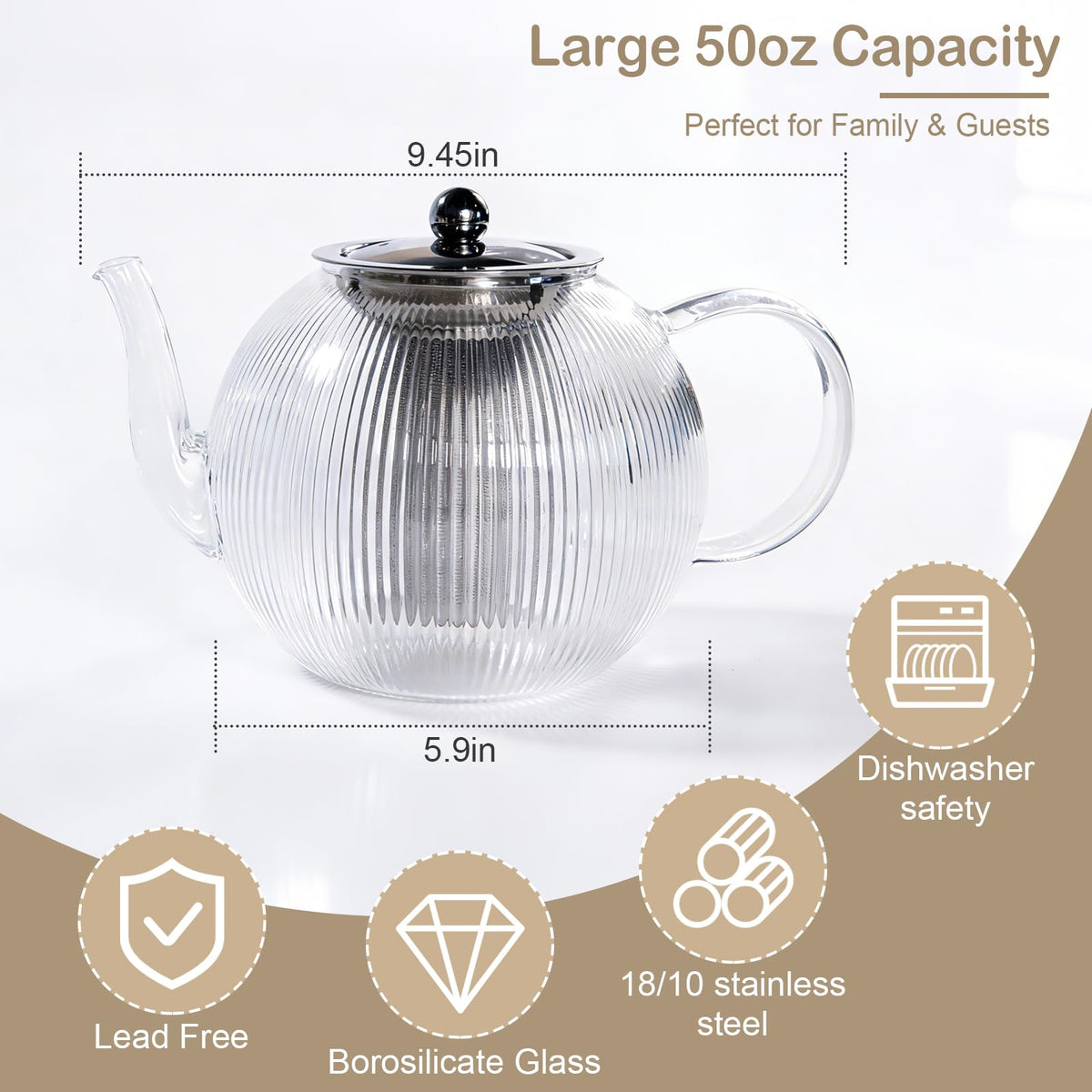 50OZ 1500ml Ribbed Borosilicate Glass Teapot with Removable Stainless Steel Infuser & Lid