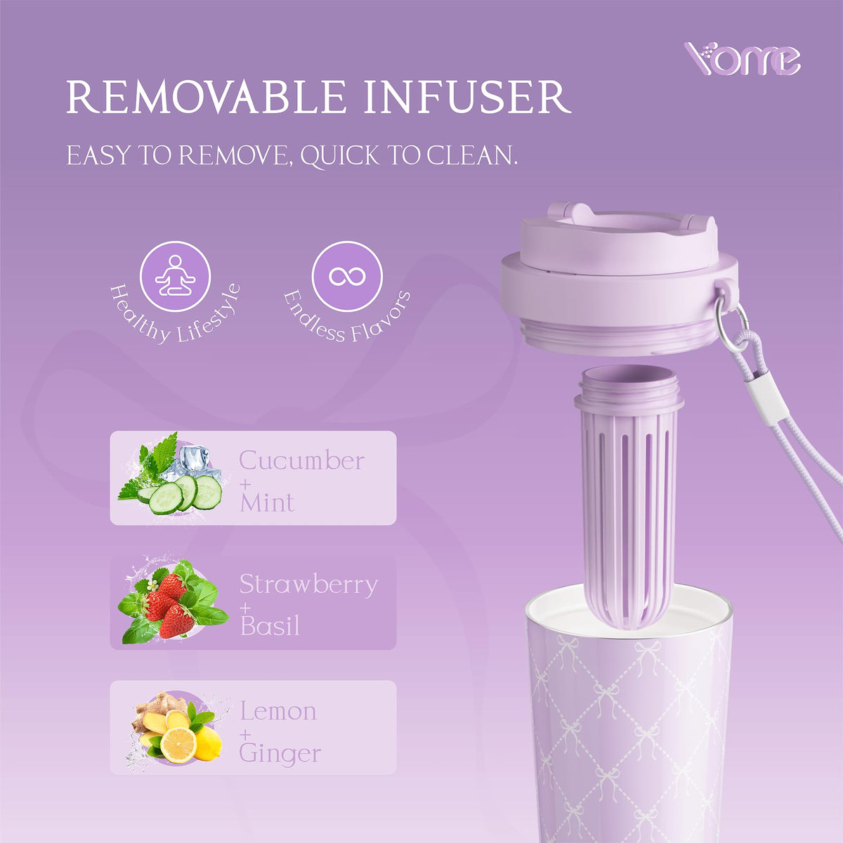 17oz Elegant Purple Bow Ceramic Lined Insulated Coffee Mug with Infuser for Women