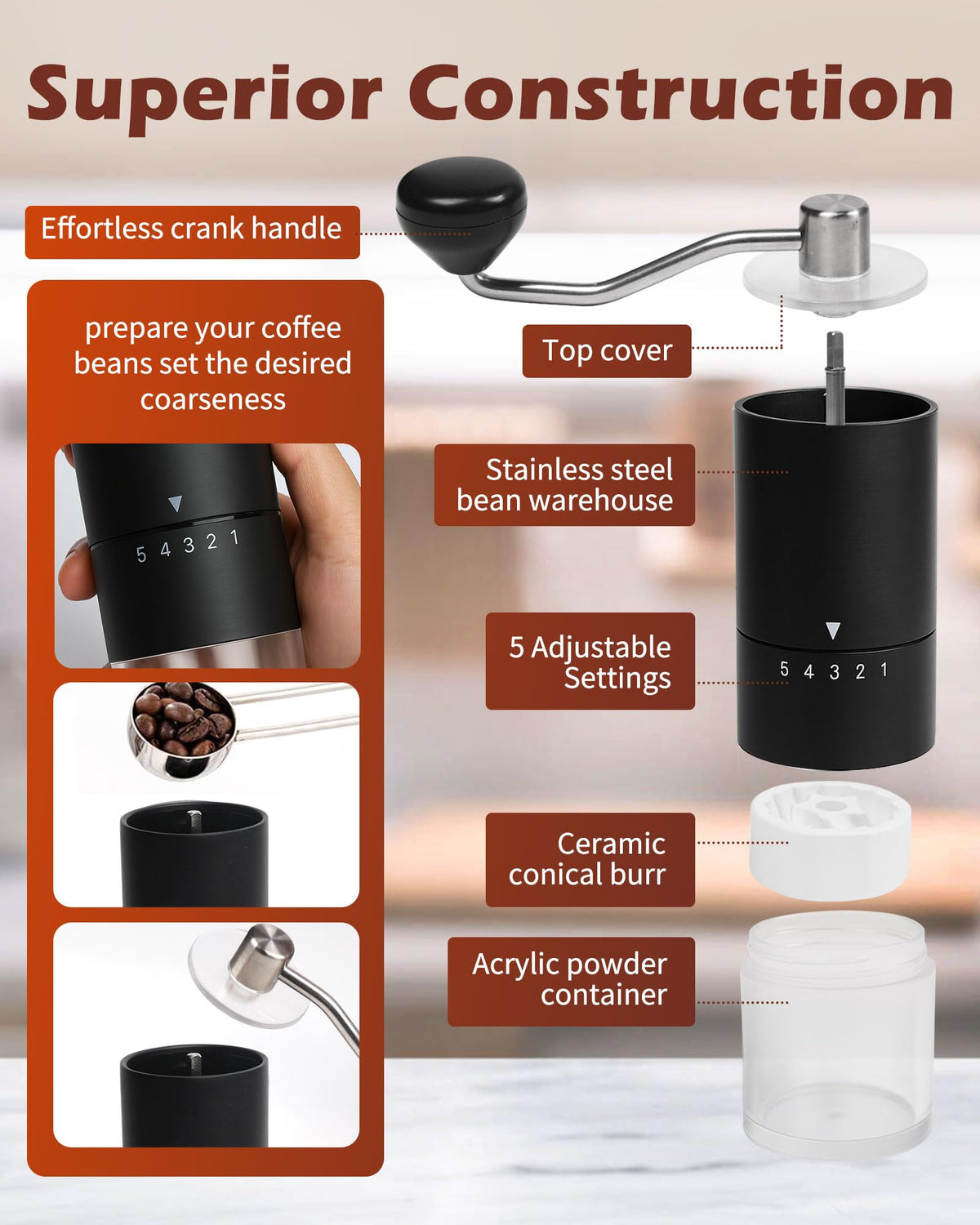 Manual Coffee Grinder With Ceramics Burr For Espresso