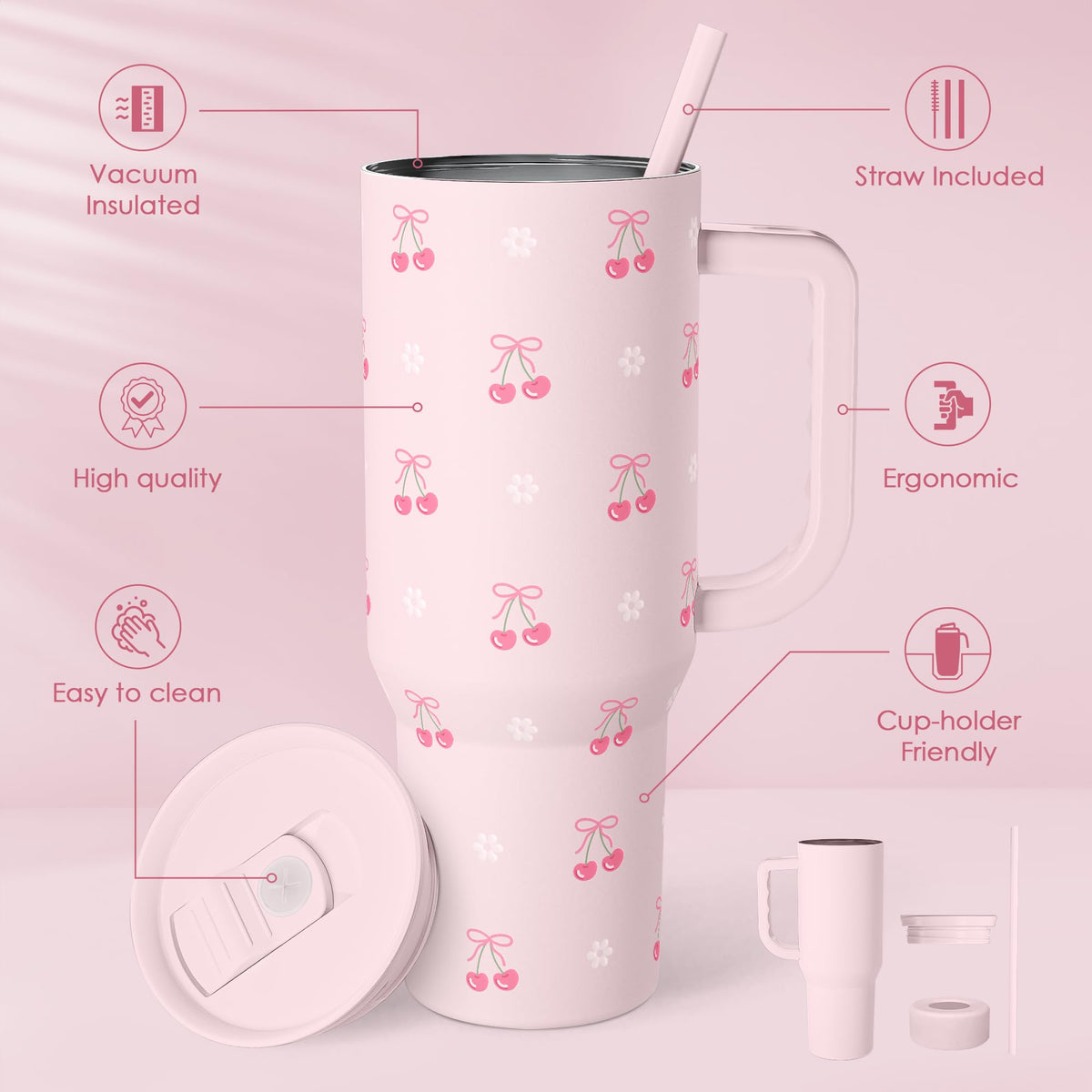 Cherry 40oz Slider Tumbler with Handle and Straw