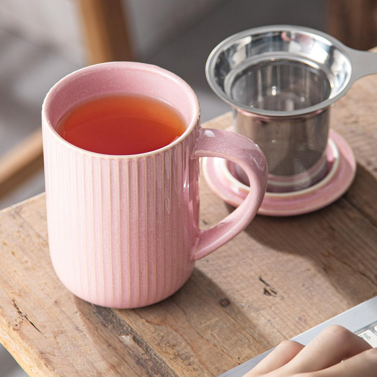 15.5oz 470ml Flambe Pink Ceramics Teacups with Infuser and Lid